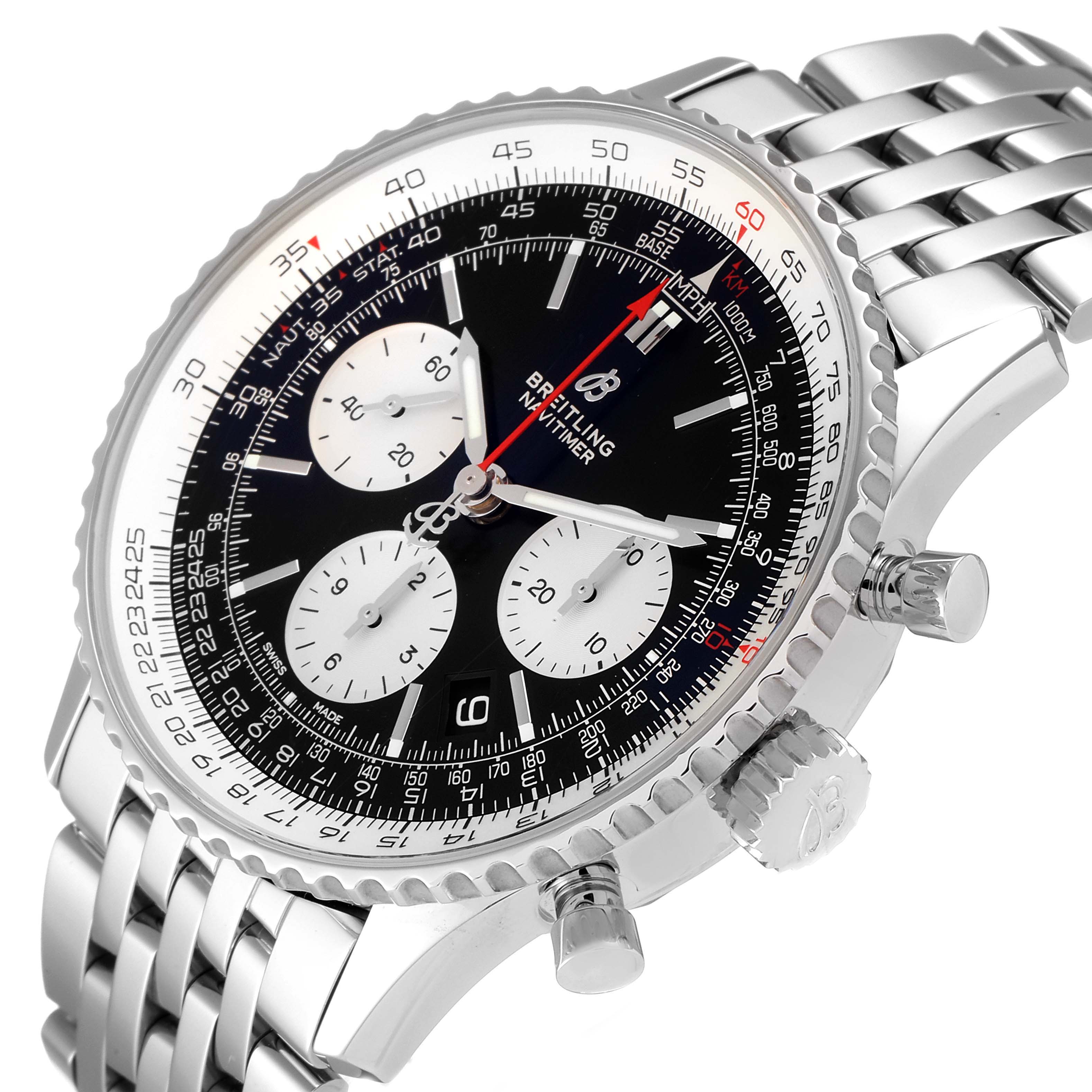 The image shows a Breitling Navitimer AB0121 Men
s Stainless Steel Black Dial AB0121 Men
s Stainless Steel Black Dial watch at an angle, highlighting its face, bezel, crown, and pushers on a metal bracelet.