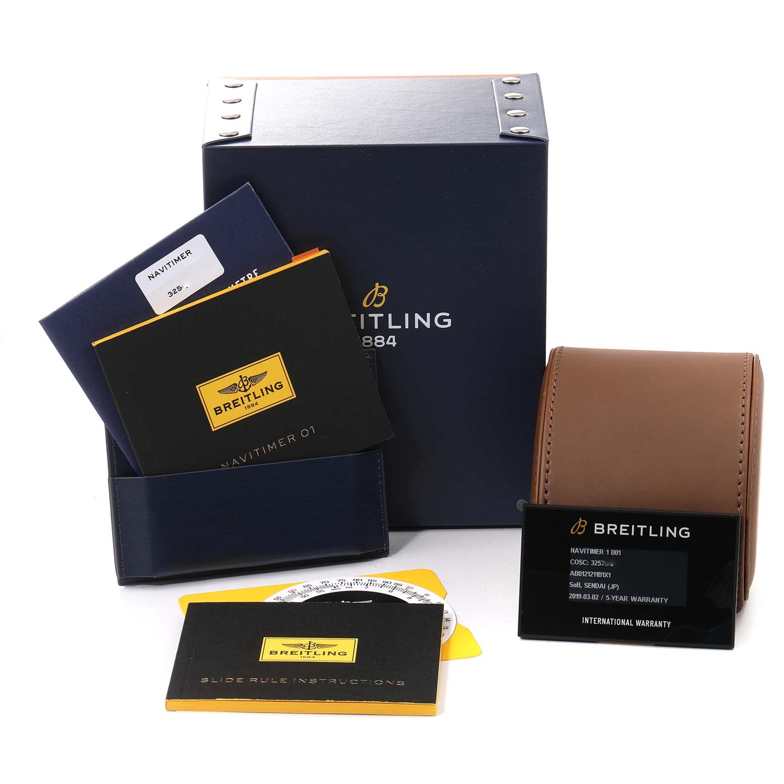 This image shows the box, manuals, warranty card, and leather case for the Breitling Navitimer AB0121 Men
s Stainless Steel Black Dial AB0121 Men
s Stainless Steel Black Dial watch model.
