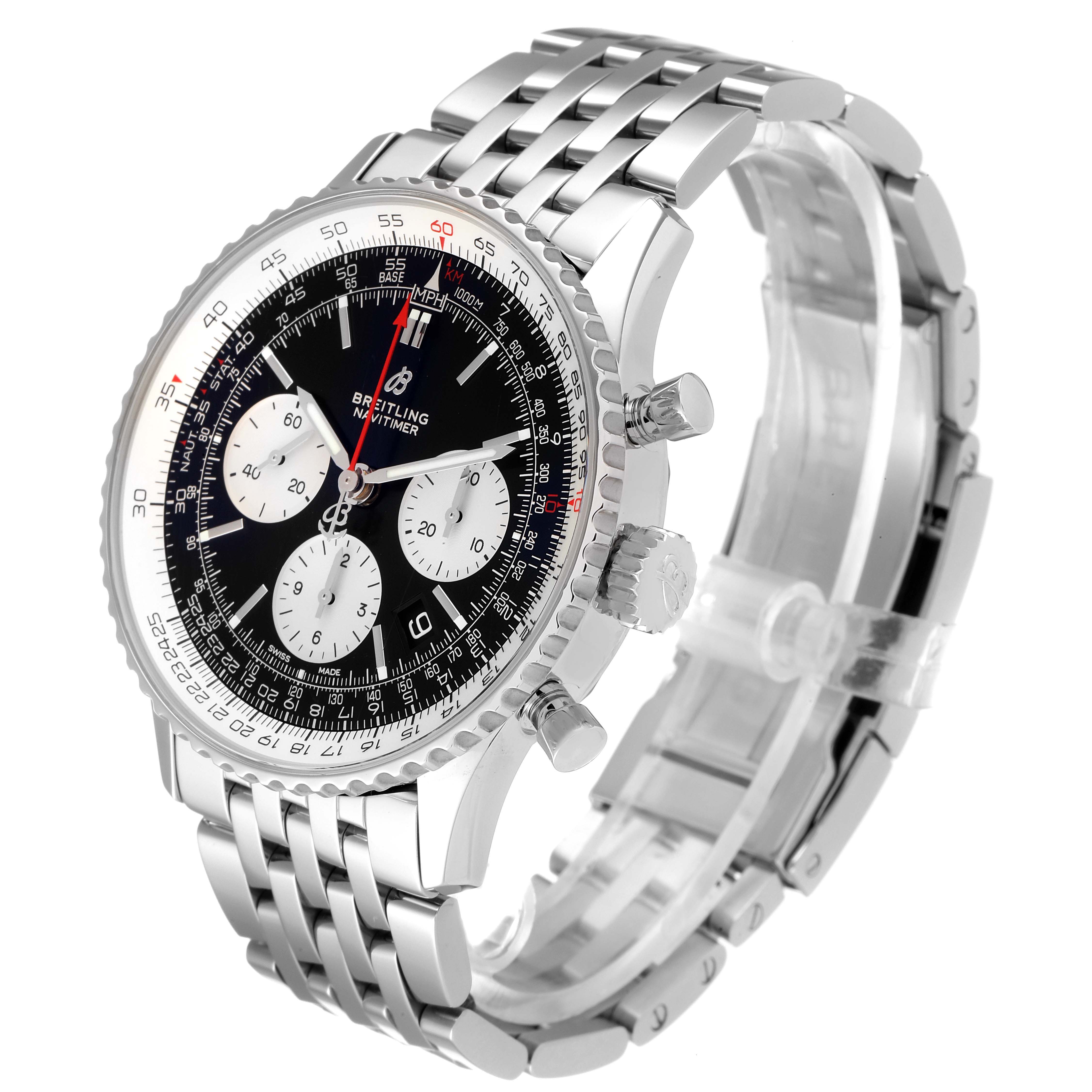 This image shows a Breitling Navitimer AB0121 Men
s Stainless Steel Black Dial AB0121 Men
s Stainless Steel Black Dial watch at a slight side angle, highlighting the dial, bezel, and metal bracelet.