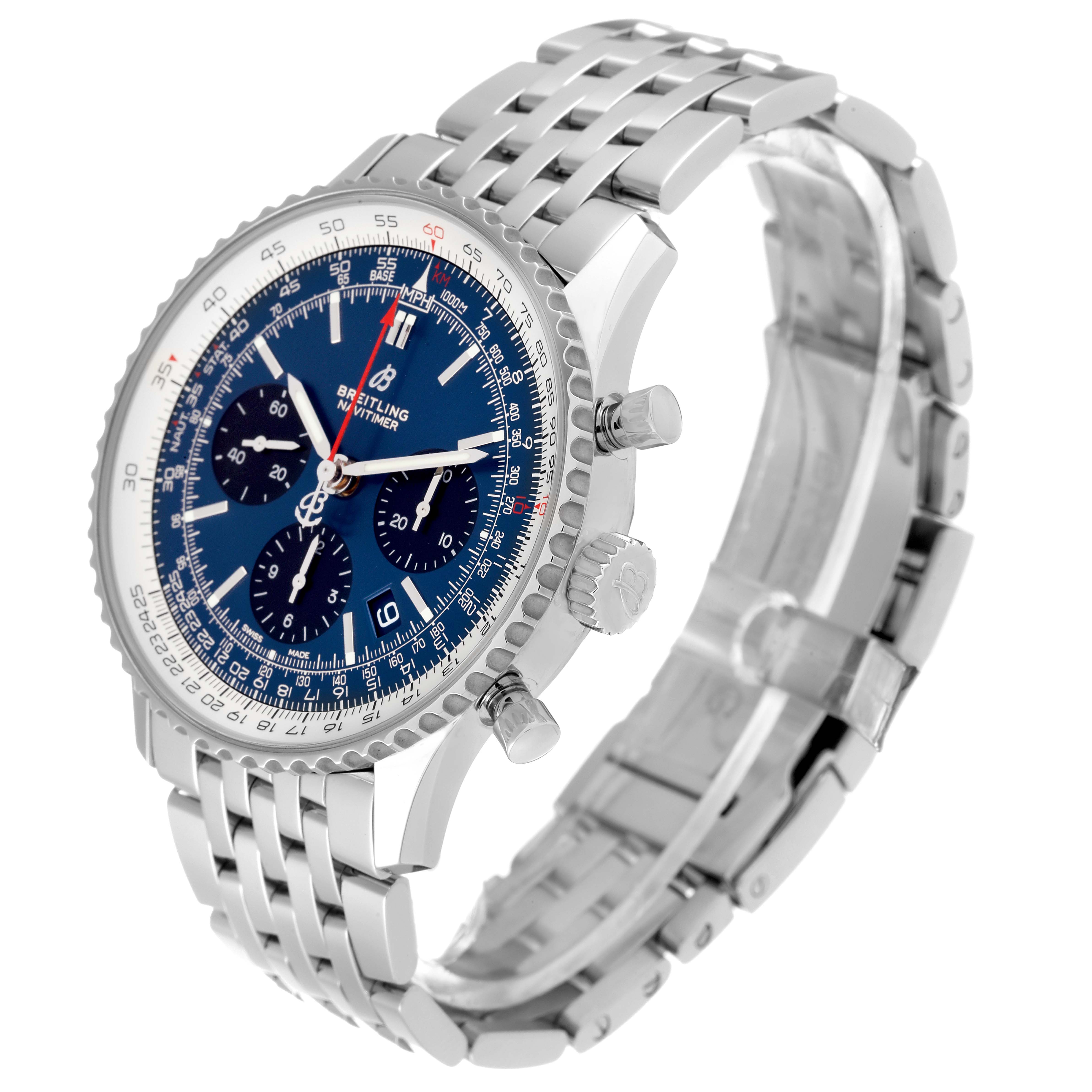 This image shows a side-angle view of a Breitling Navitimer AB0121 Men
s Stainless Steel Blue Dial AB0121 Men
s Stainless Steel Blue Dial watch, highlighting the dial, bezel, crown, and metal bracelet.