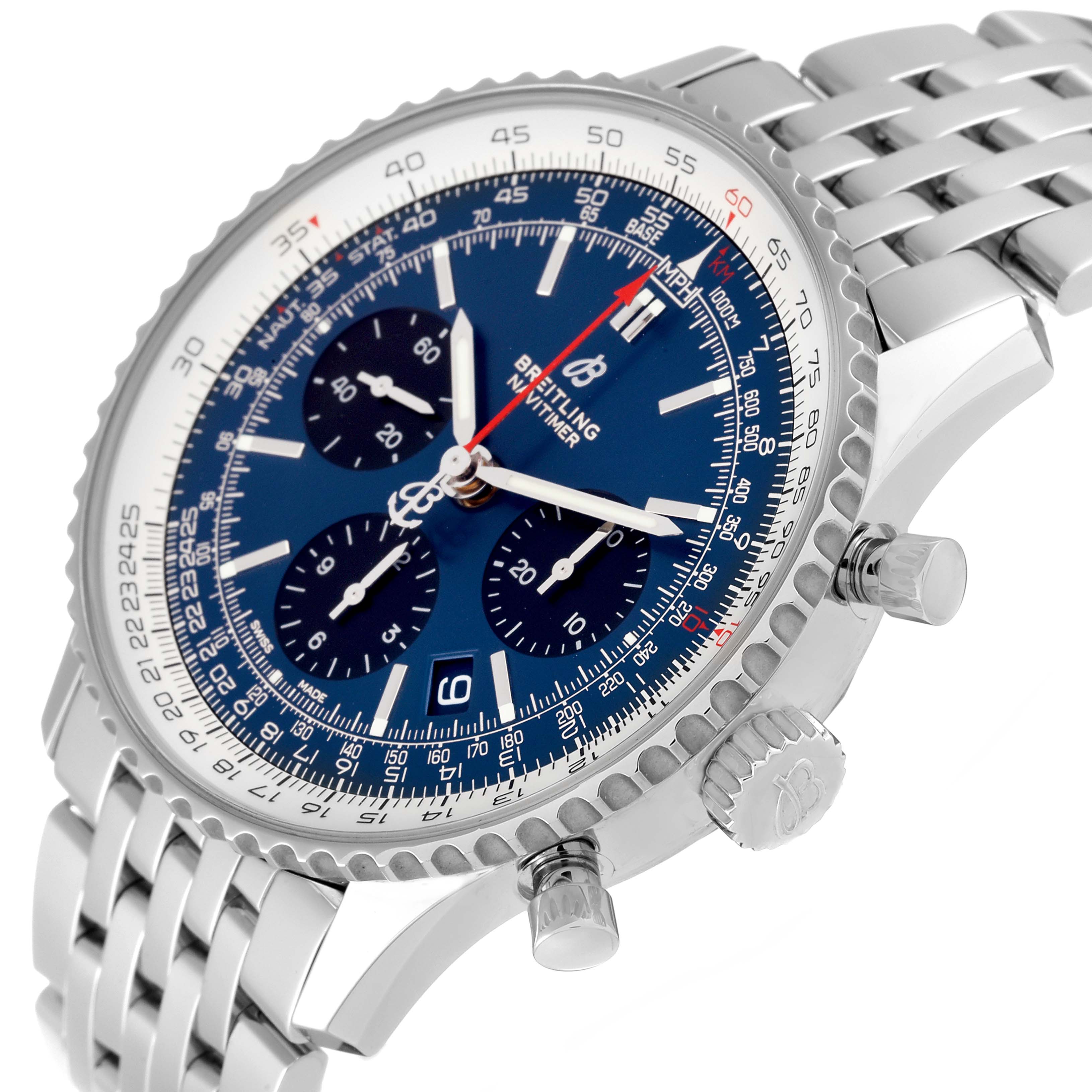 The image shows a front angled view of the Breitling Navitimer AB0121 Men
s Stainless Steel Blue Dial AB0121 Men
s Stainless Steel Blue Dial watch, highlighting its blue dial, sub-dials, bezel, and metal bracelet.