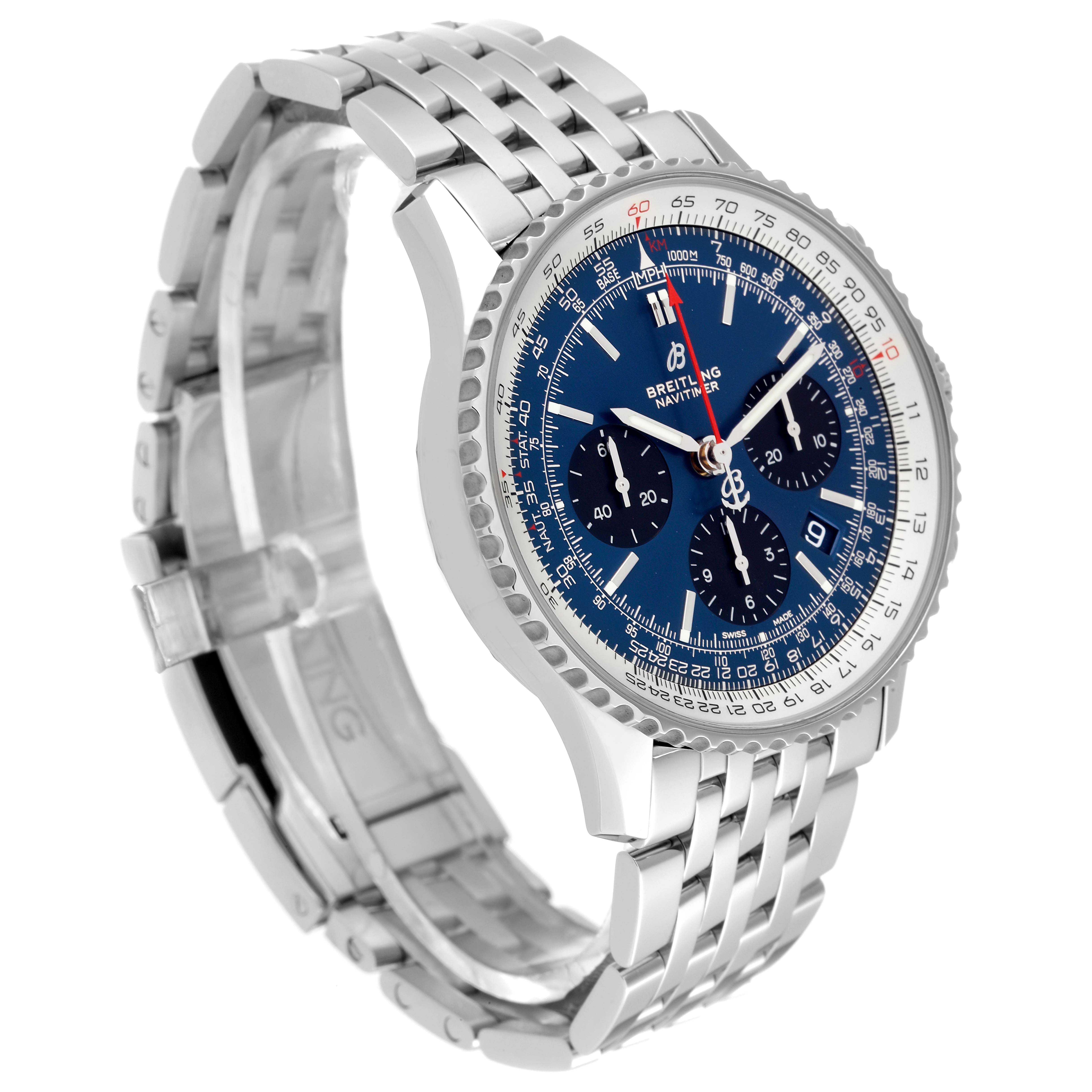 The image shows a side view of the Breitling Navitimer AB0121 Men
s Stainless Steel Blue Dial AB0121 Men
s Stainless Steel Blue Dial watch, featuring its case, dial, and metal bracelet.