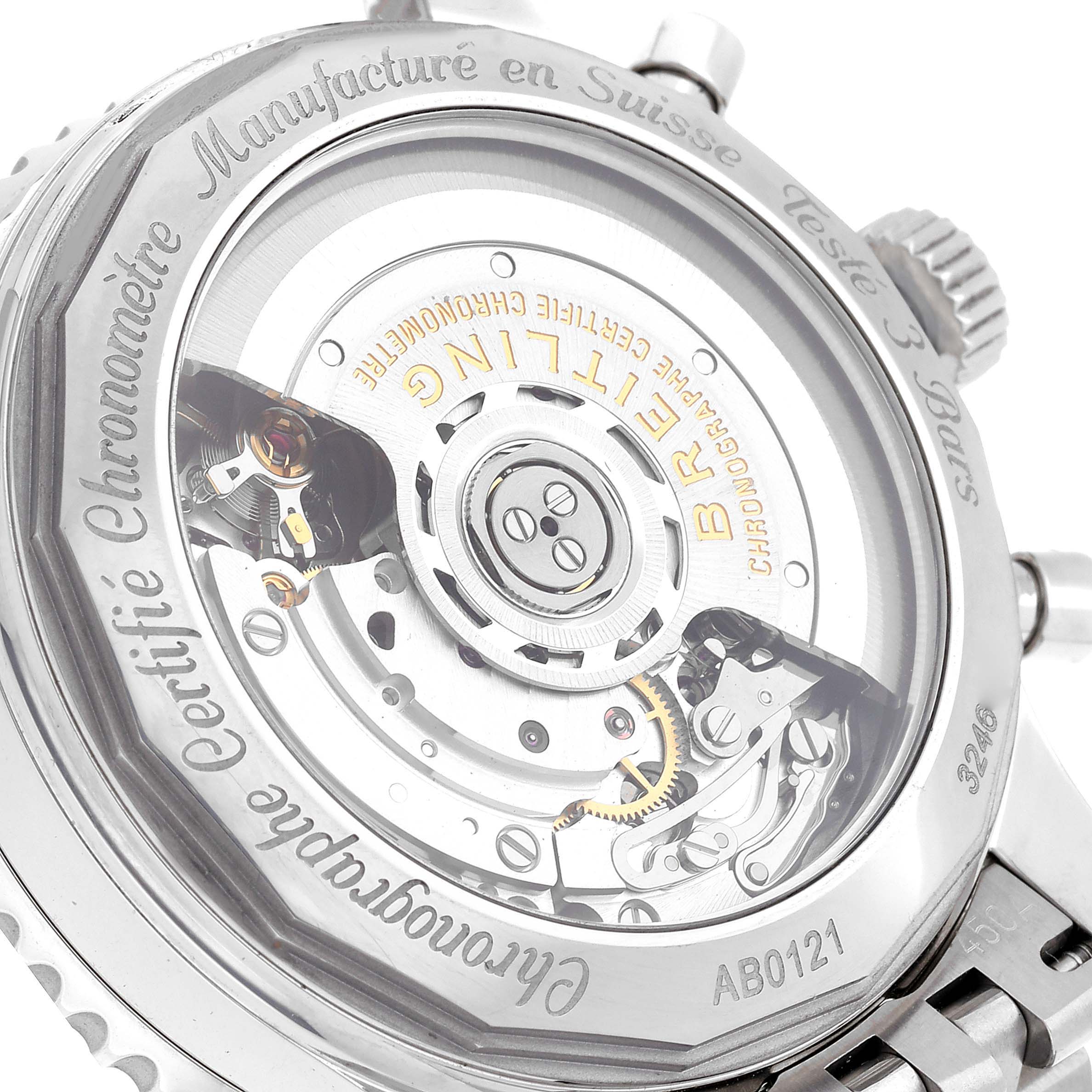 This image shows the back of a Breitling Navitimer AB0121 Men
s Stainless Steel Blue Dial AB0121 Men
s Stainless Steel Blue Dial, revealing its intricate mechanical movement.