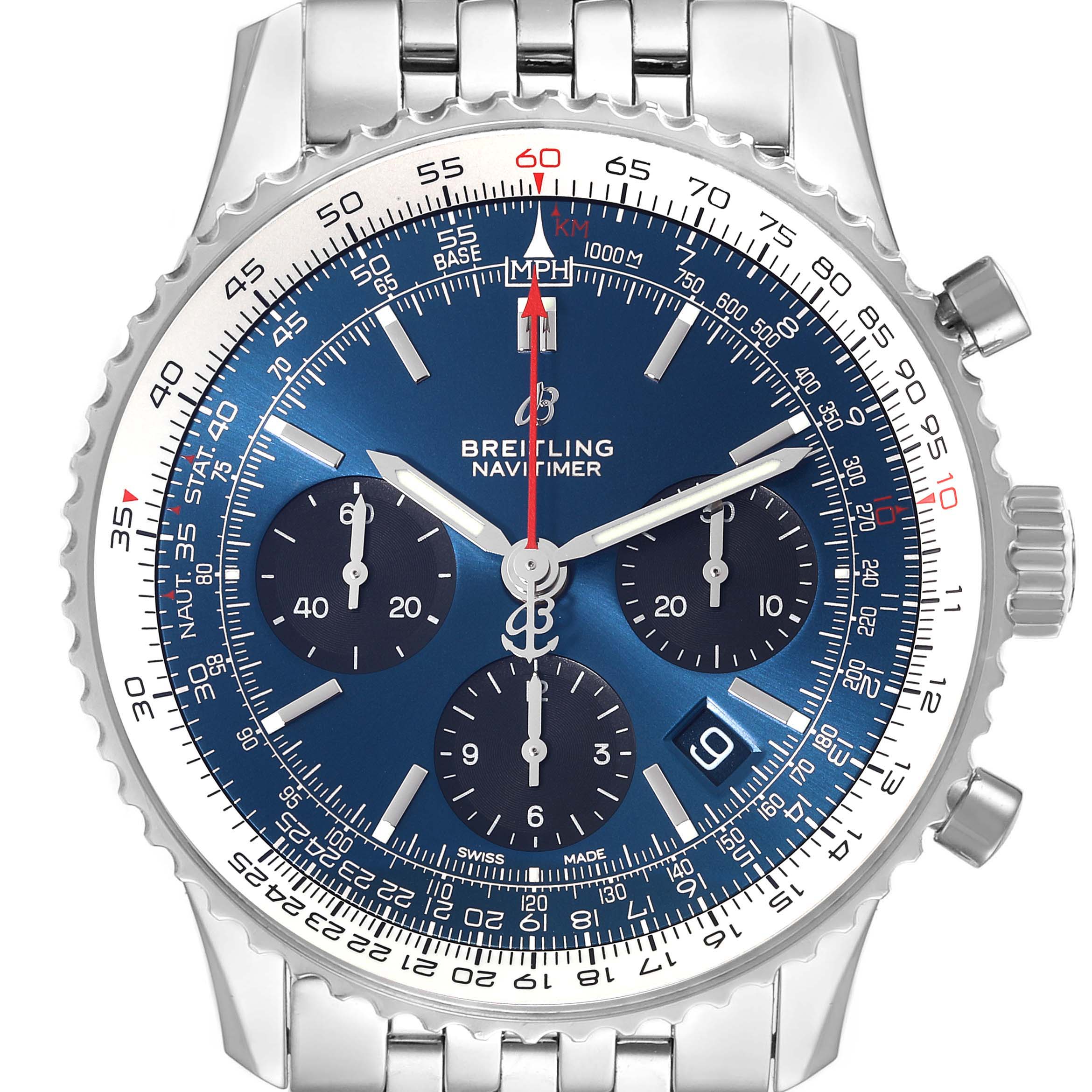 The image shows the face of a Breitling Navitimer AB0121 Men
s Stainless Steel Blue Dial AB0121 Men
s Stainless Steel Blue Dial watch at a straight-on angle, displaying its dials and detailing.