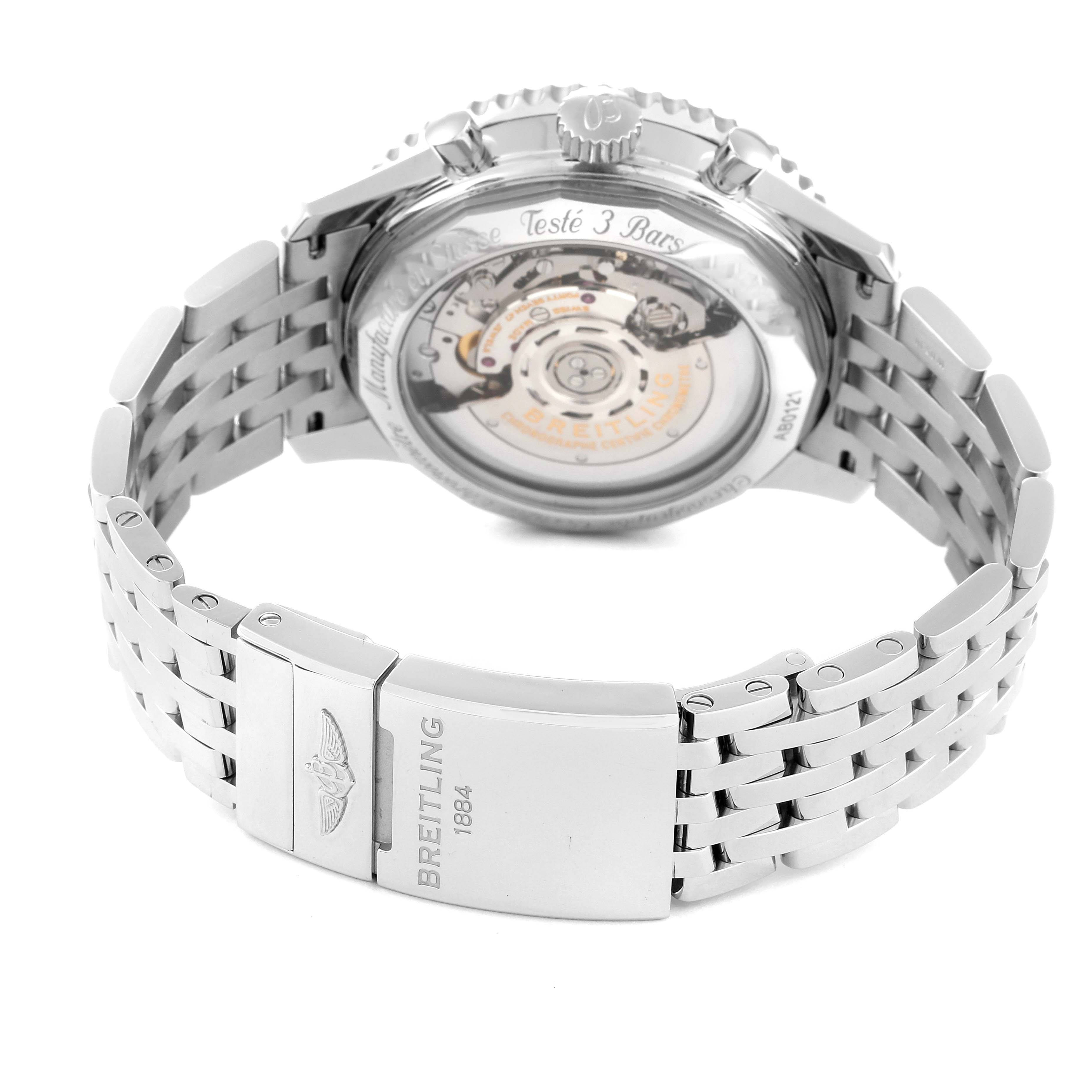 The image shows the back view of a Breitling Navitimer AB0121 Men
s Stainless Steel Blue Dial AB0121 Men
s Stainless Steel Blue Dial watch, focusing on its open case back and metal bracelet clasp.