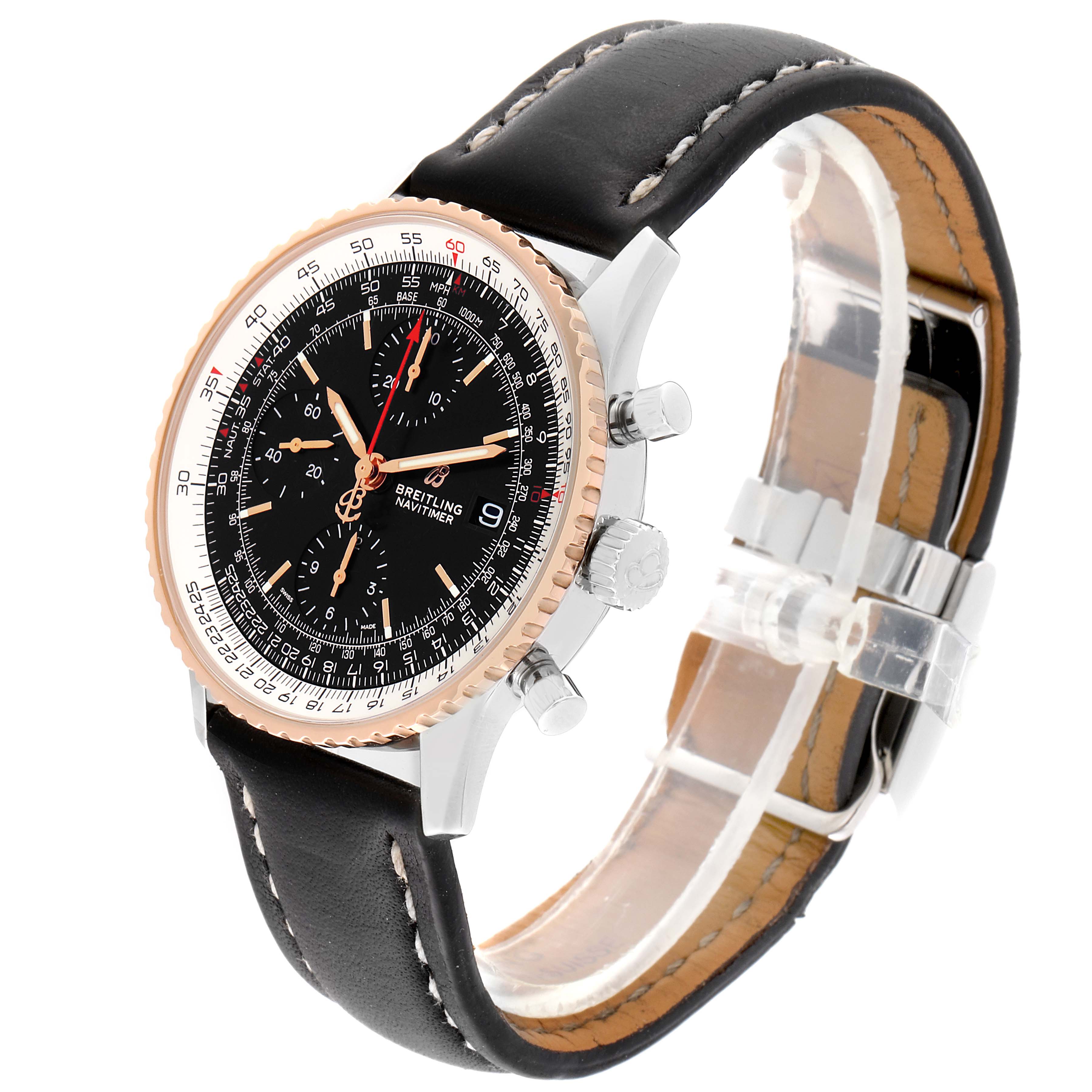 The Breitling Navitimer U13324211B1X1 Men's Stainless Steel Black Dial U13324211B1X1 Men's Stainless Steel Black Dial watch is shown at a three-quarter angle, highlighting its black leather strap, rose gold bezel, and intricate dial.