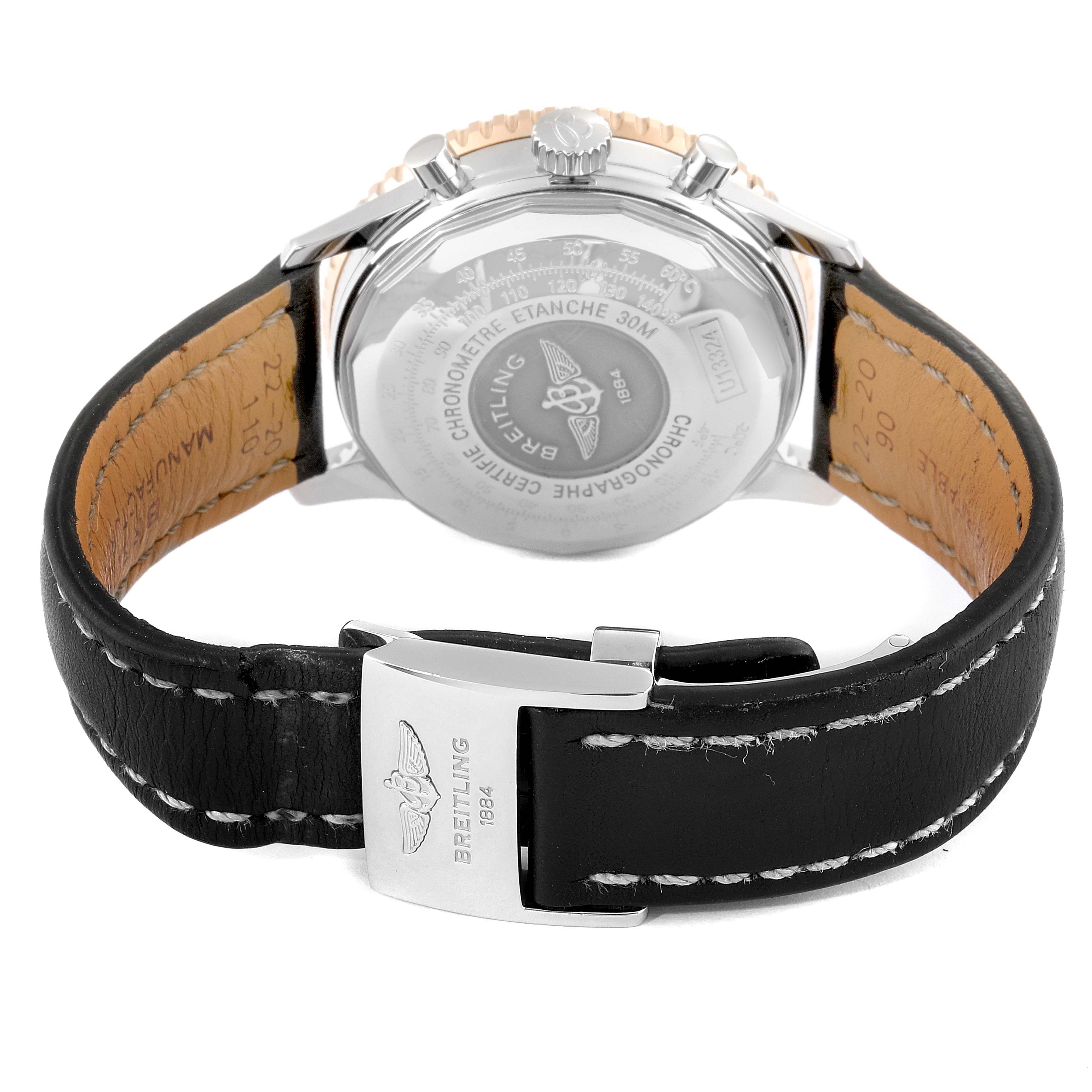 This image shows the back view of a Breitling Navitimer U13324211B1X1 Men's Stainless Steel Black Dial U13324211B1X1 Men's Stainless Steel Black Dial watch, focusing on the case back and black leather strap with a Breitling clasp.