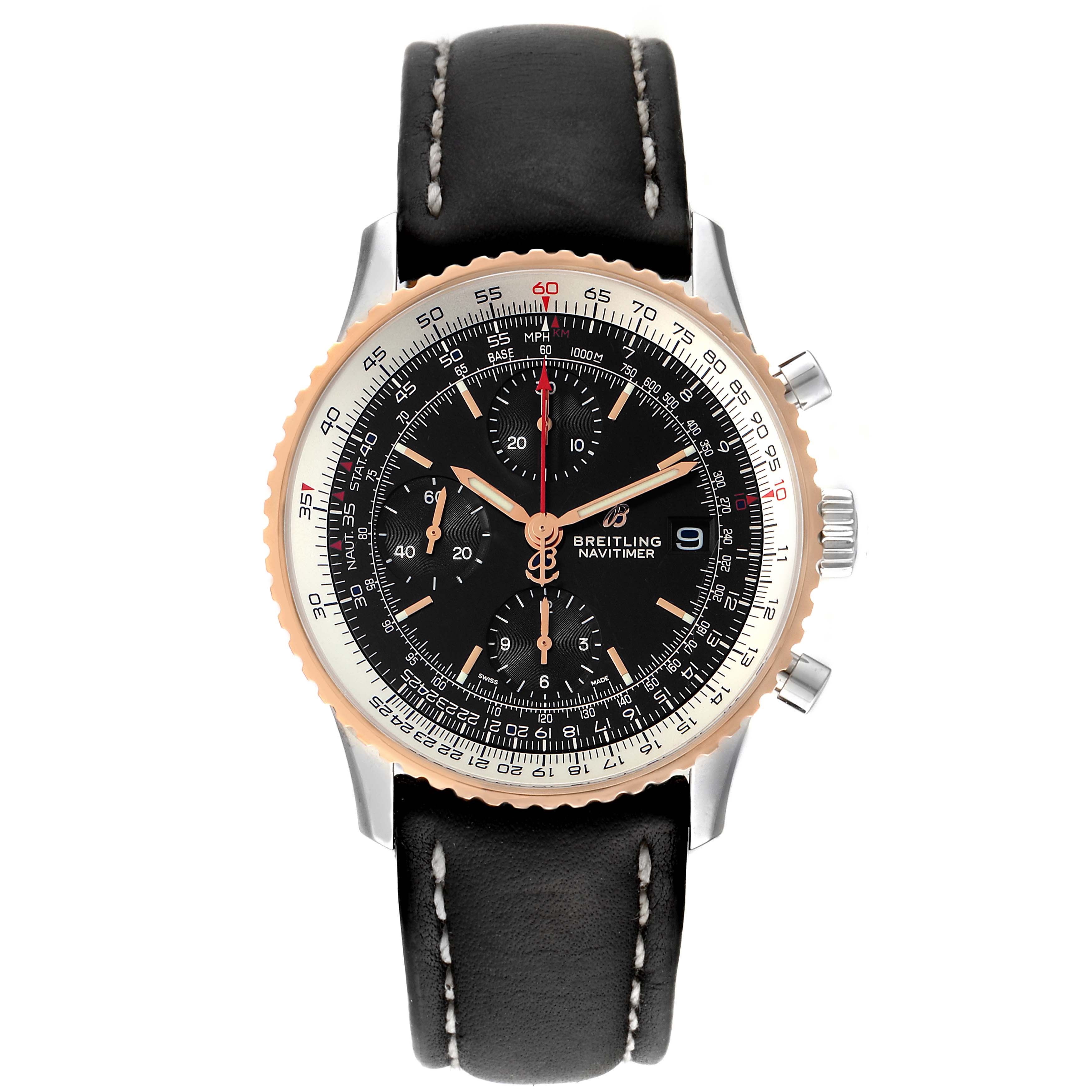 The image shows a frontal view of a Breitling Navitimer U13324211B1X1 Men's Stainless Steel Black Dial U13324211B1X1 Men's Stainless Steel Black Dial watch, displaying the face, bezel, chronograph subdials, and leather strap.