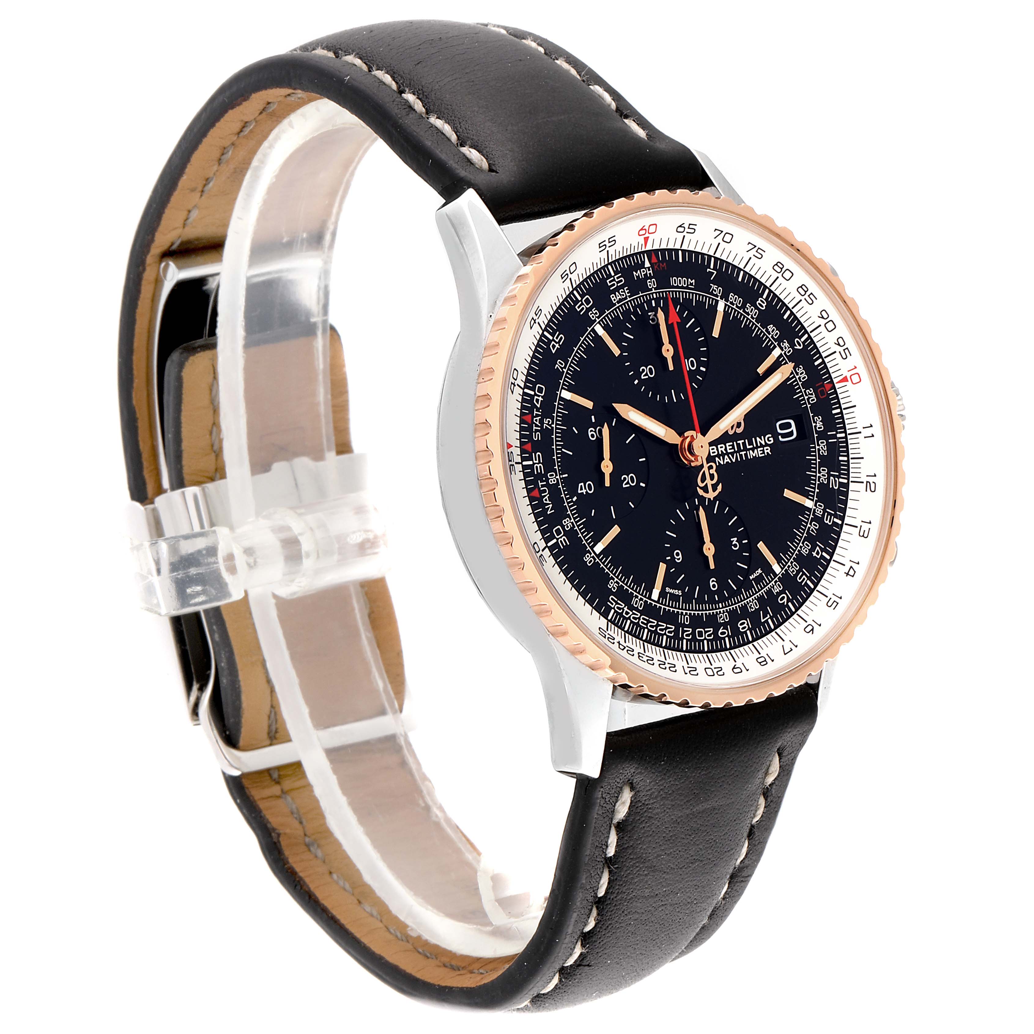The Breitling Navitimer U13324211B1X1 Men's Stainless Steel Black Dial U13324211B1X1 Men's Stainless Steel Black Dial watch is shown at an oblique angle, displaying its face, bezel, and leather strap.