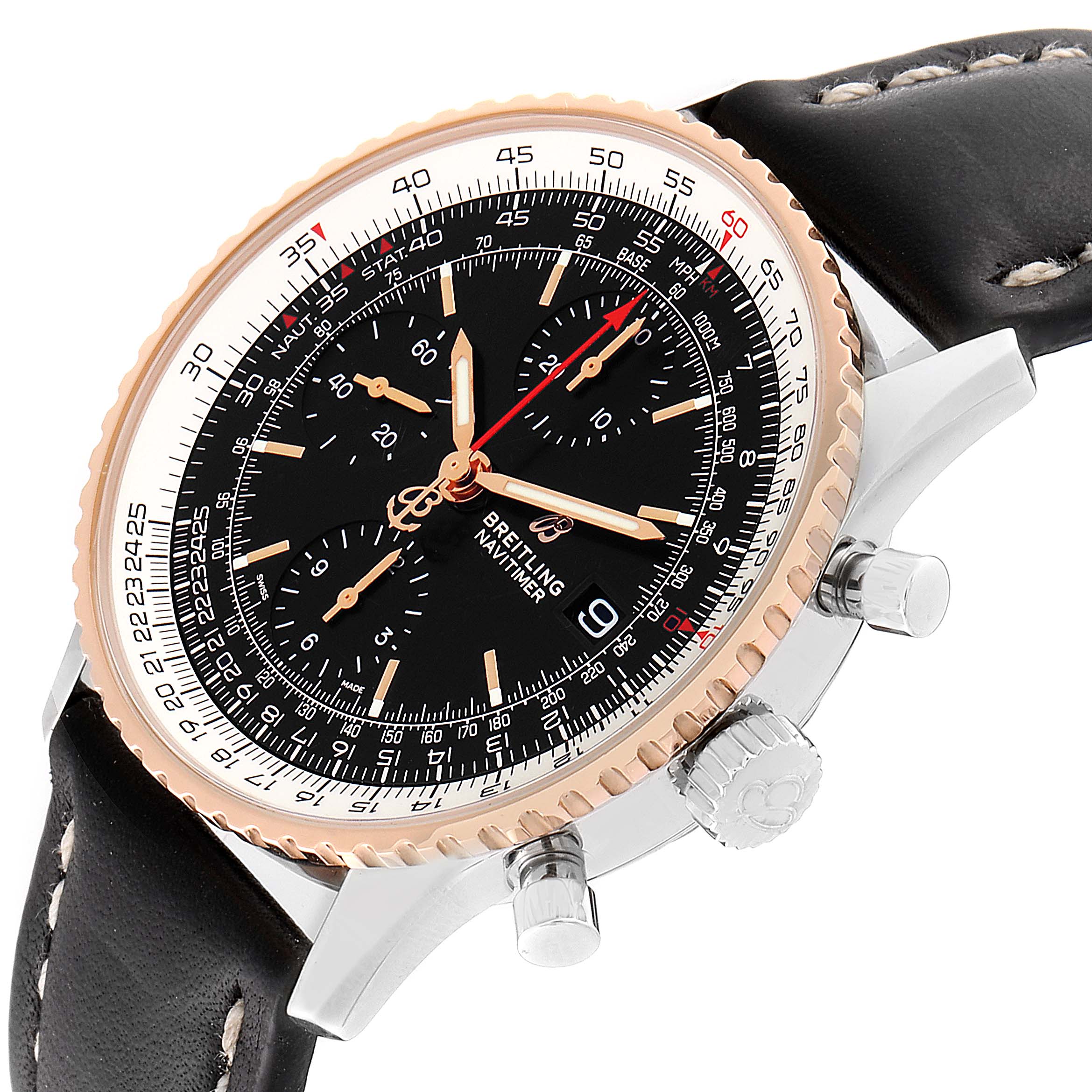 The image shows a tilted angle view of a Breitling Navitimer U13324211B1X1 Men's Stainless Steel Black Dial U13324211B1X1 Men's Stainless Steel Black Dial watch, highlighting the face, bezel, crown, pushers, and leather strap.