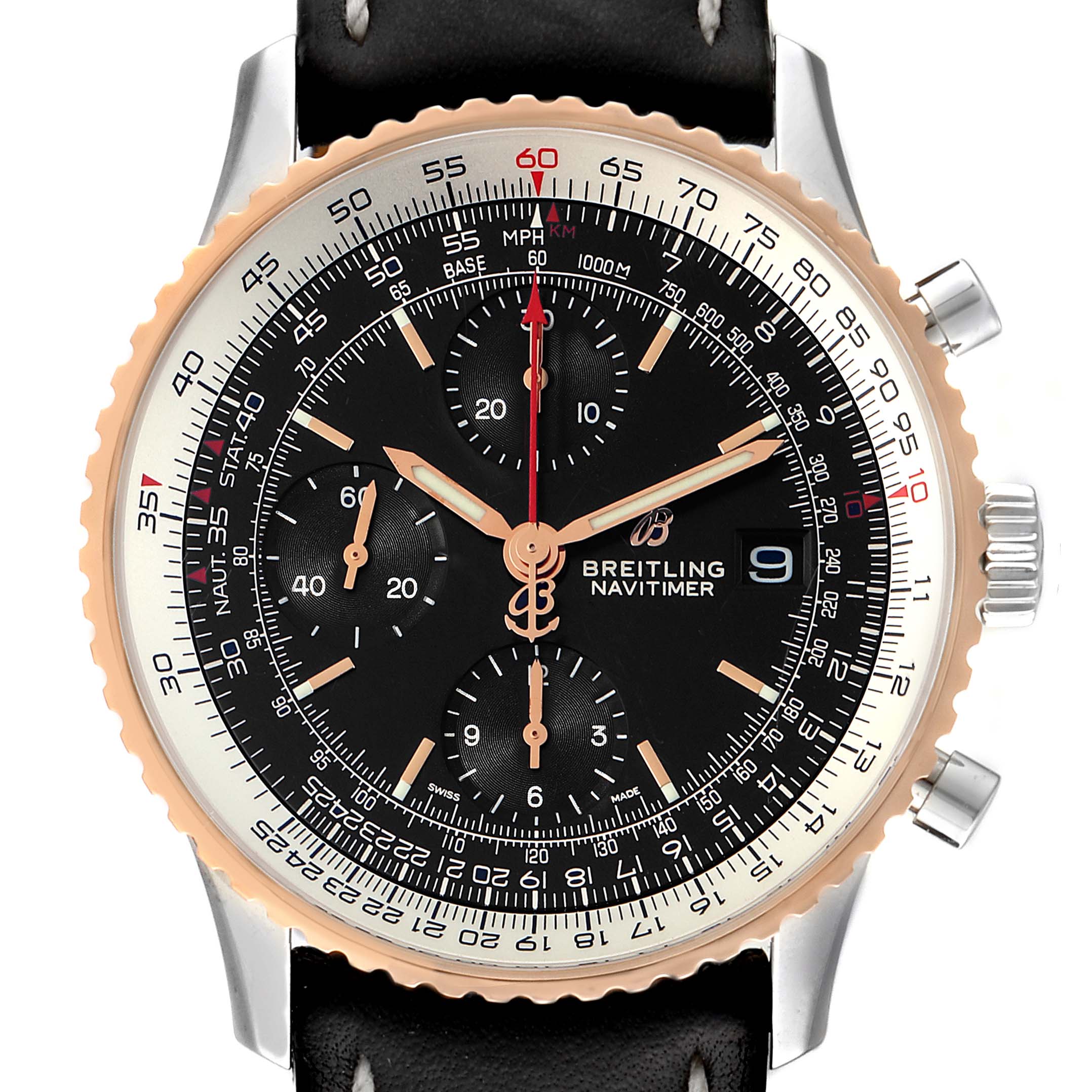 This image shows a front view of the Breitling Navitimer U13324211B1X1 Men's Stainless Steel Black Dial U13324211B1X1 Men's Stainless Steel Black Dial watch, highlighting the dial, bezel, crown, and chronograph buttons.