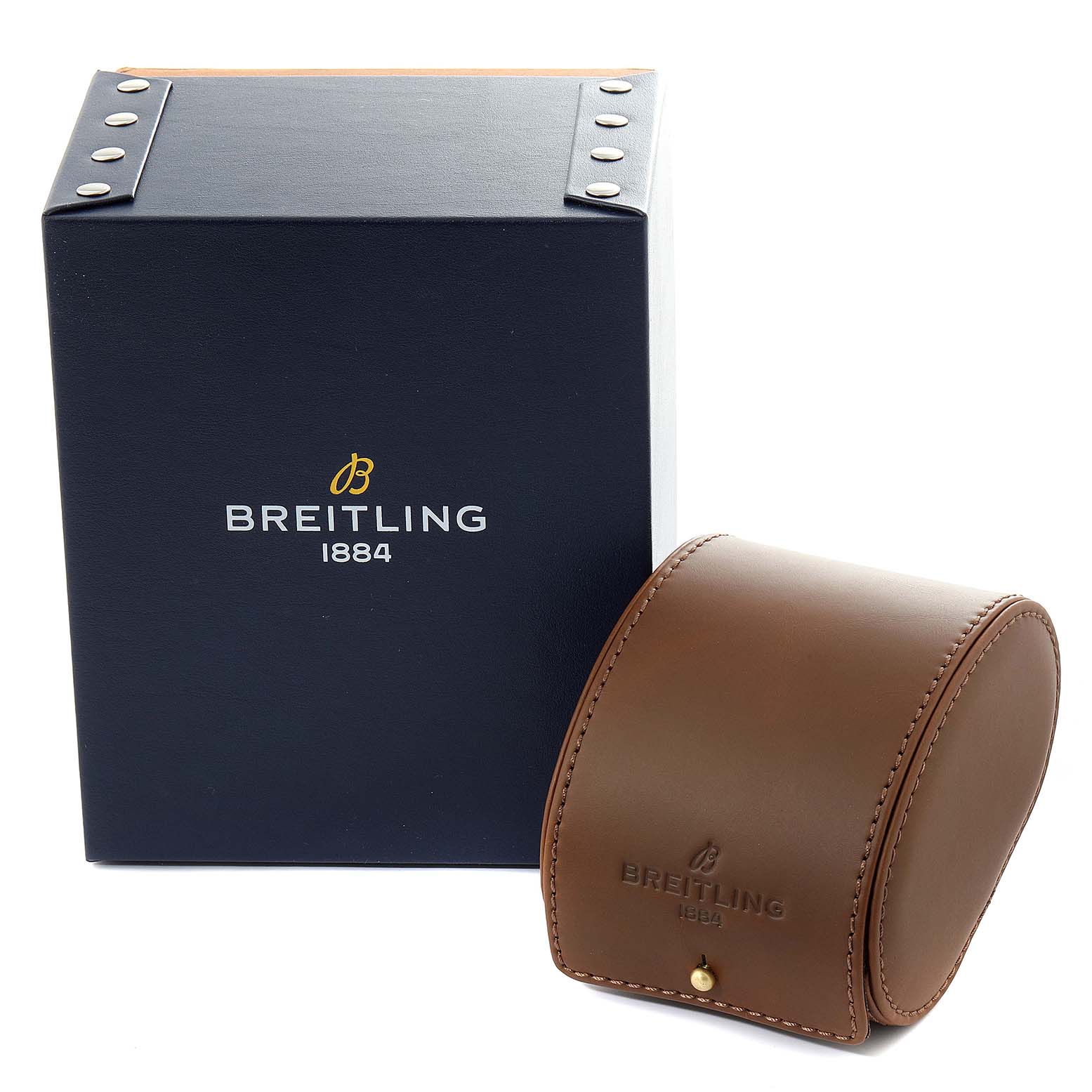 The image shows a Breitling Navitimer U13324211B1X1 Men's Stainless Steel Black Dial U13324211B1X1 Men's Stainless Steel Black Dial watch box and a brown leather watch case from a front angle.