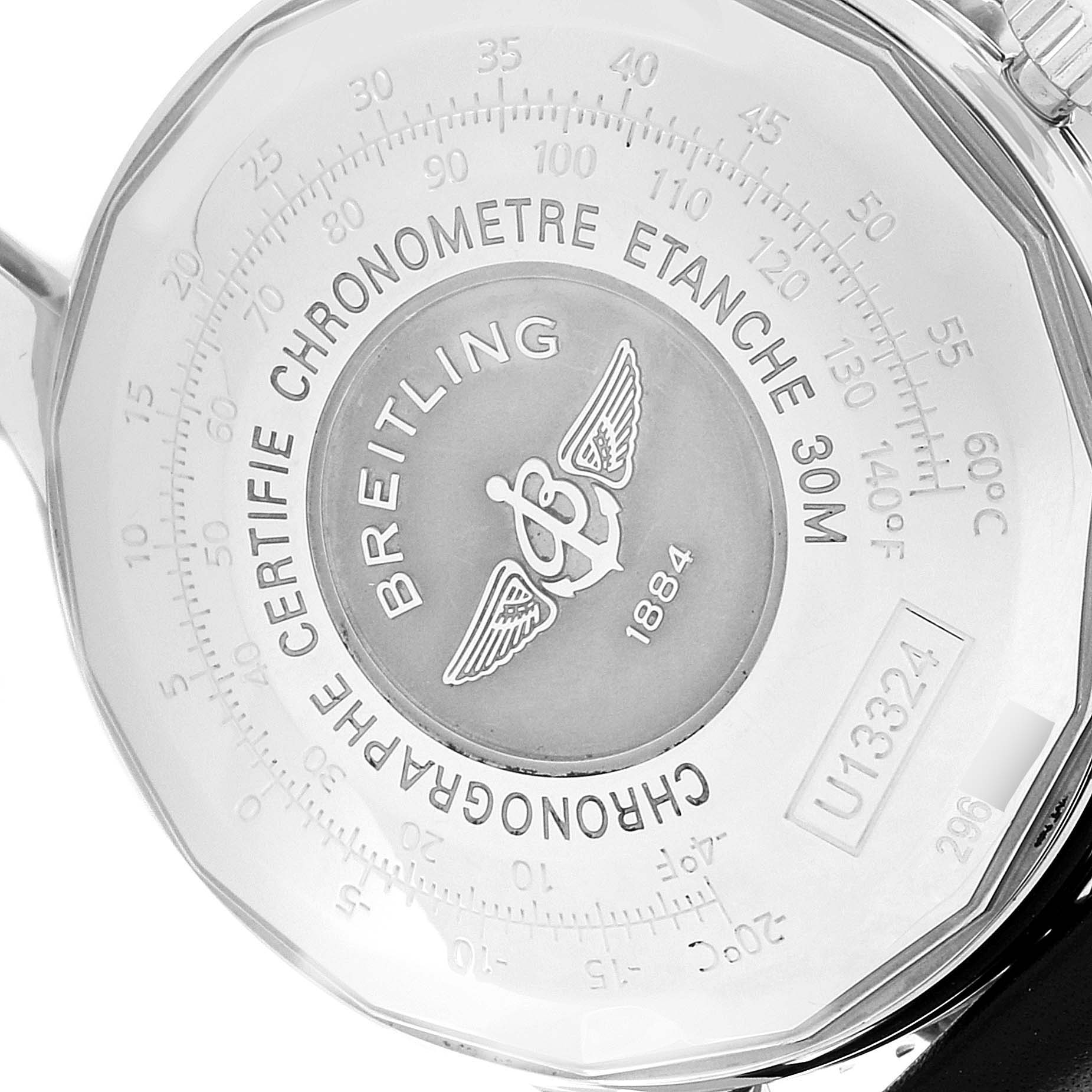 The image shows the back case of a Breitling Navitimer U13324211B1X1 Men's Stainless Steel Black Dial U13324211B1X1 Men's Stainless Steel Black Dial watch, highlighting the chronometer certification and water resistance.