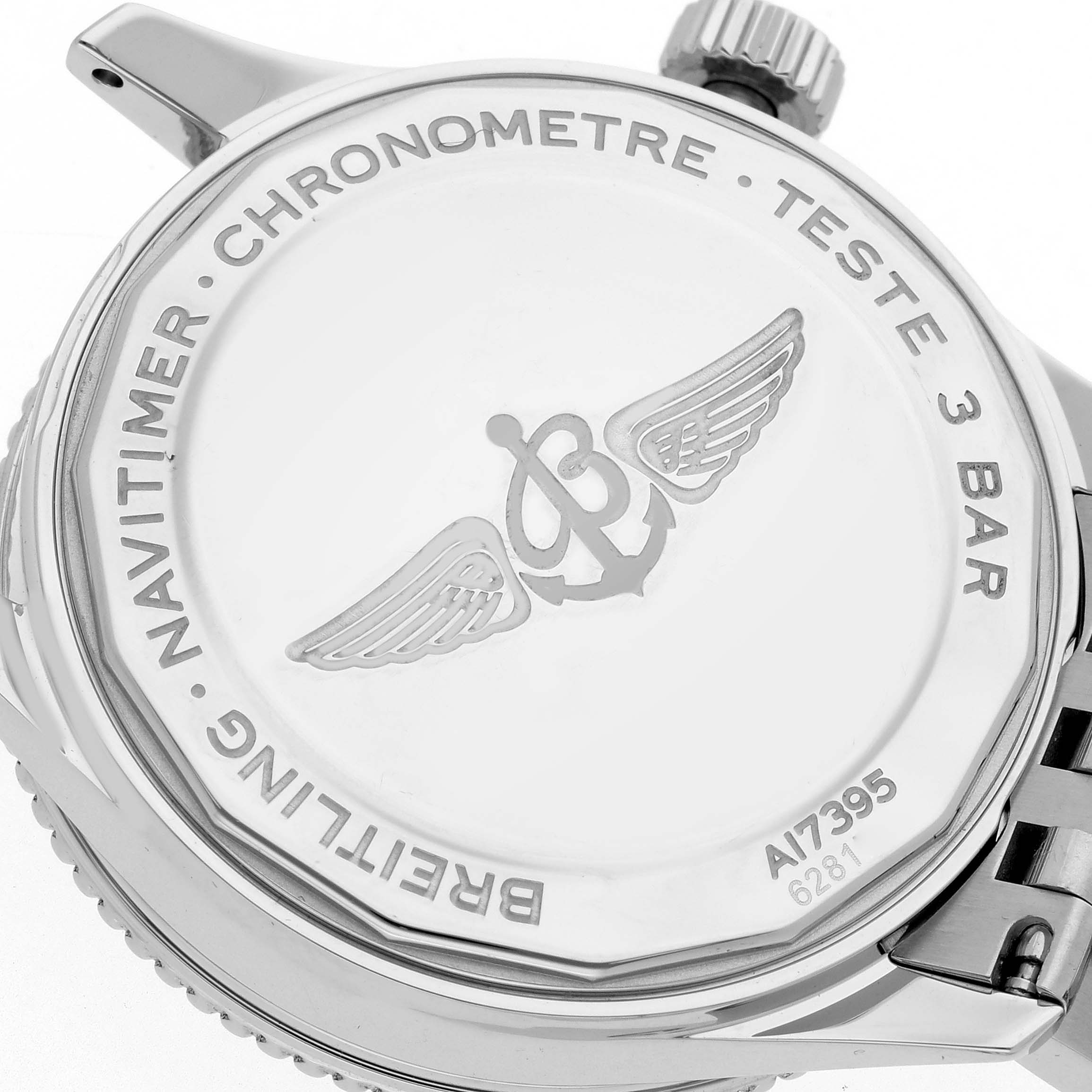 The image shows the case back of the Breitling Navitimer A17395 Men's Stainless Steel Blue Dial A17395 Men's Stainless Steel Blue Dial Automatic 35 Blue Dial Steel Ladies Watch A17395 with branding details.