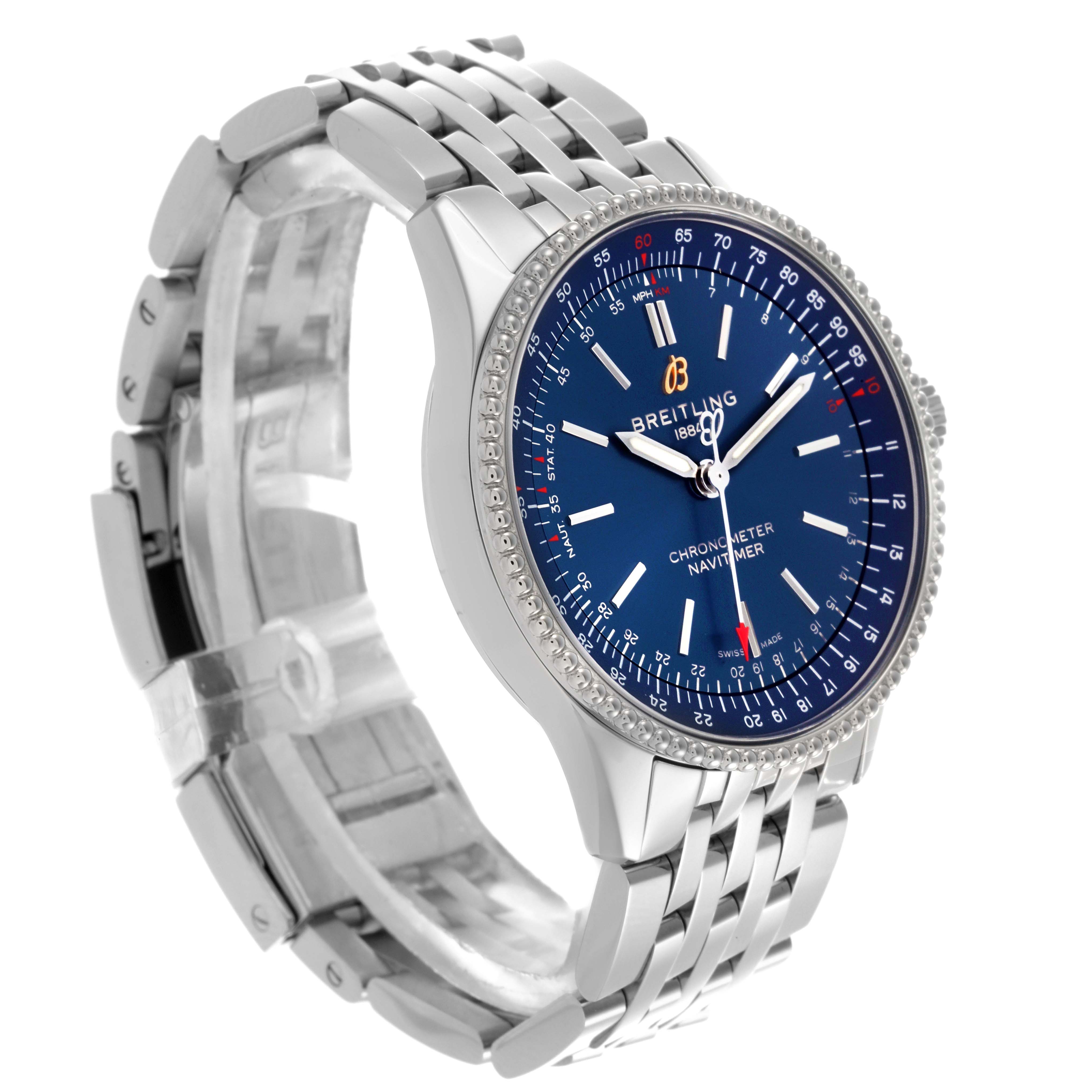 The Breitling Navitimer A17395 Men's Stainless Steel Blue Dial A17395 Men's Stainless Steel Blue Dial Automatic 35 showcases the blue dial and steel bracelet at a three-quarter angle.
