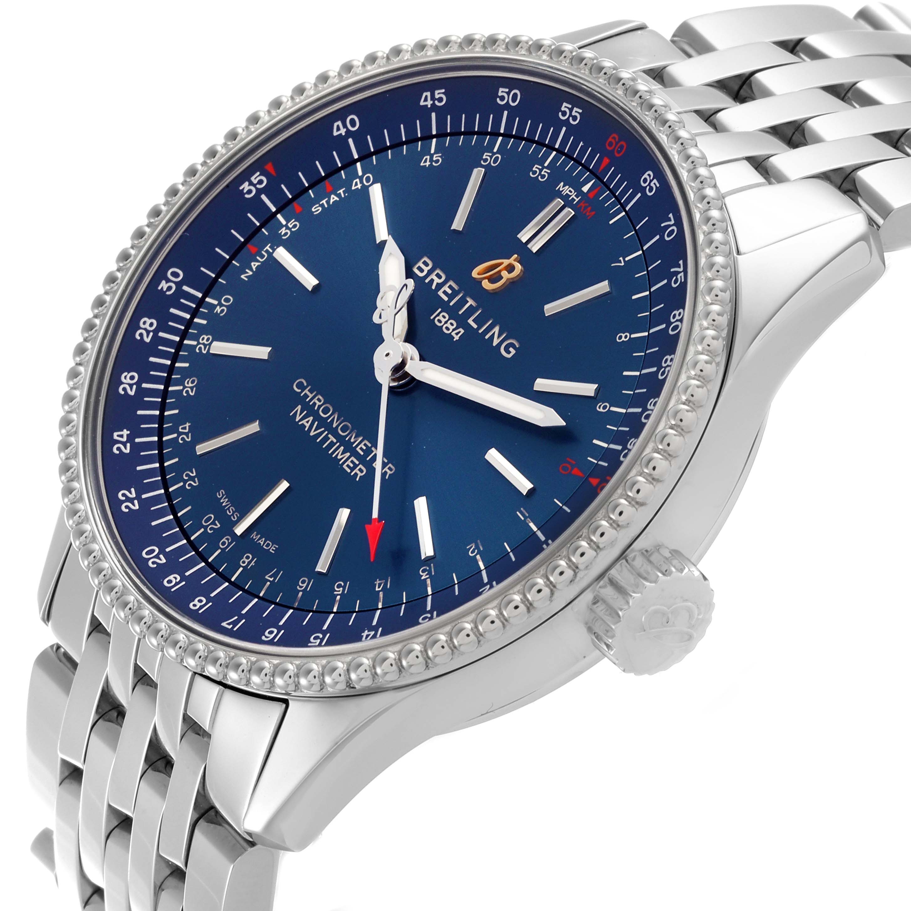 The Breitling Navitimer A17395 Men's Stainless Steel Blue Dial A17395 Men's Stainless Steel Blue Dial Automatic 35 watch is shown from a side angle, displaying its blue dial, bezel, and crown.