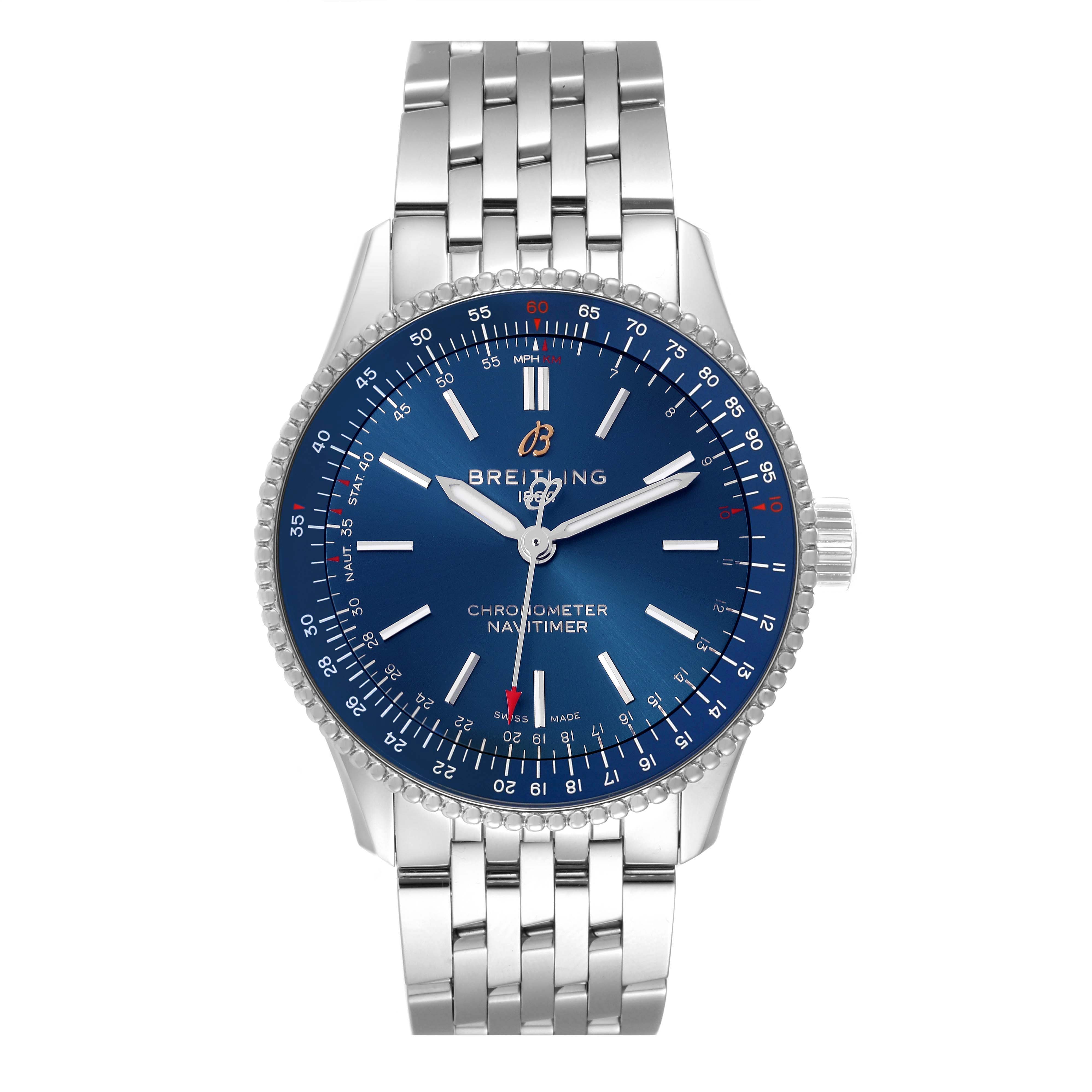 The Breitling Navitimer A17395 Men's Stainless Steel Blue Dial A17395 Men's Stainless Steel Blue Dial Automatic 35 A17395 is shown from the front, displaying the blue dial and steel bracelet.