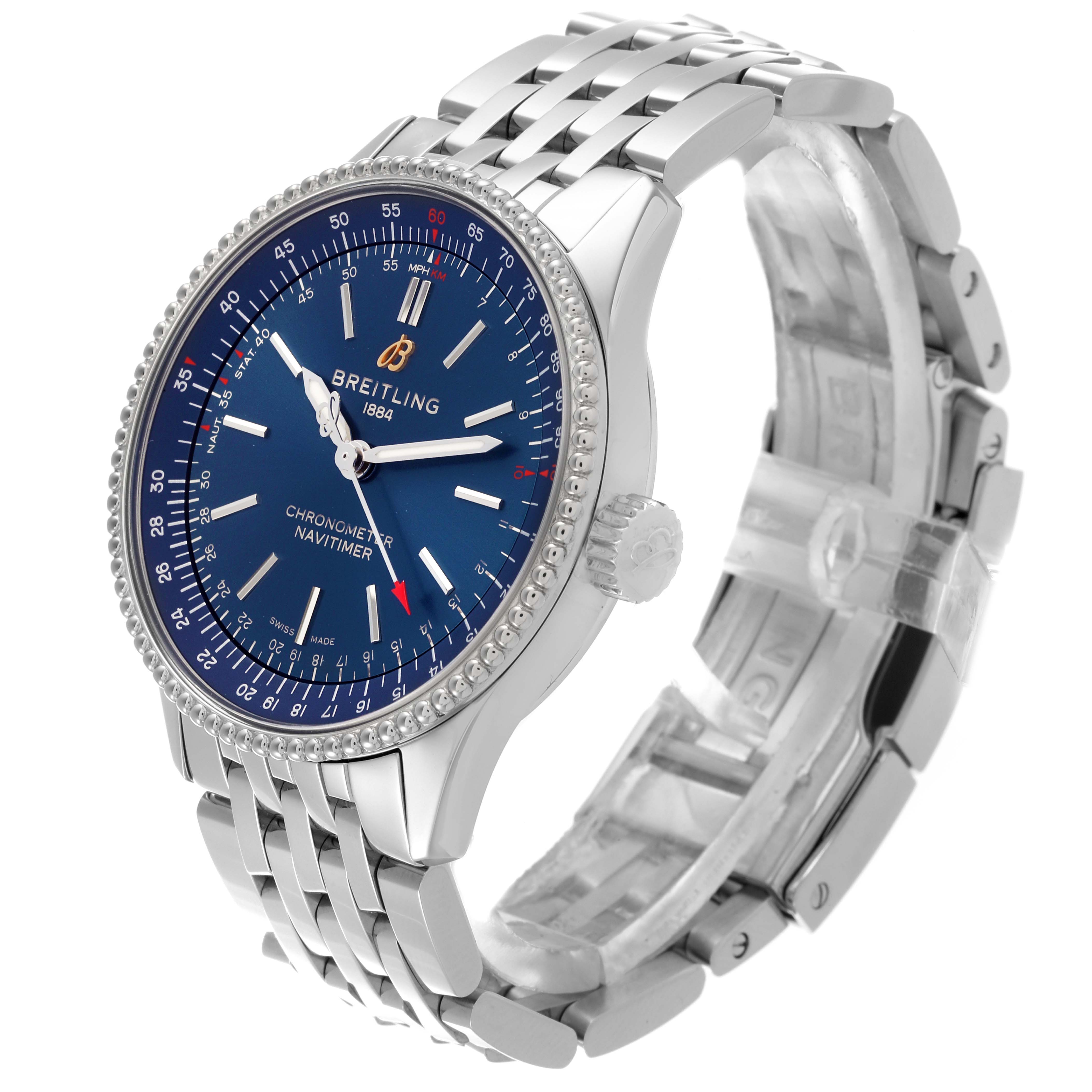 The Breitling Navitimer A17395 Men's Stainless Steel Blue Dial A17395 Men's Stainless Steel Blue Dial Automatic 35 shows a side angle highlighting the blue dial, bezel, and metal bracelet.