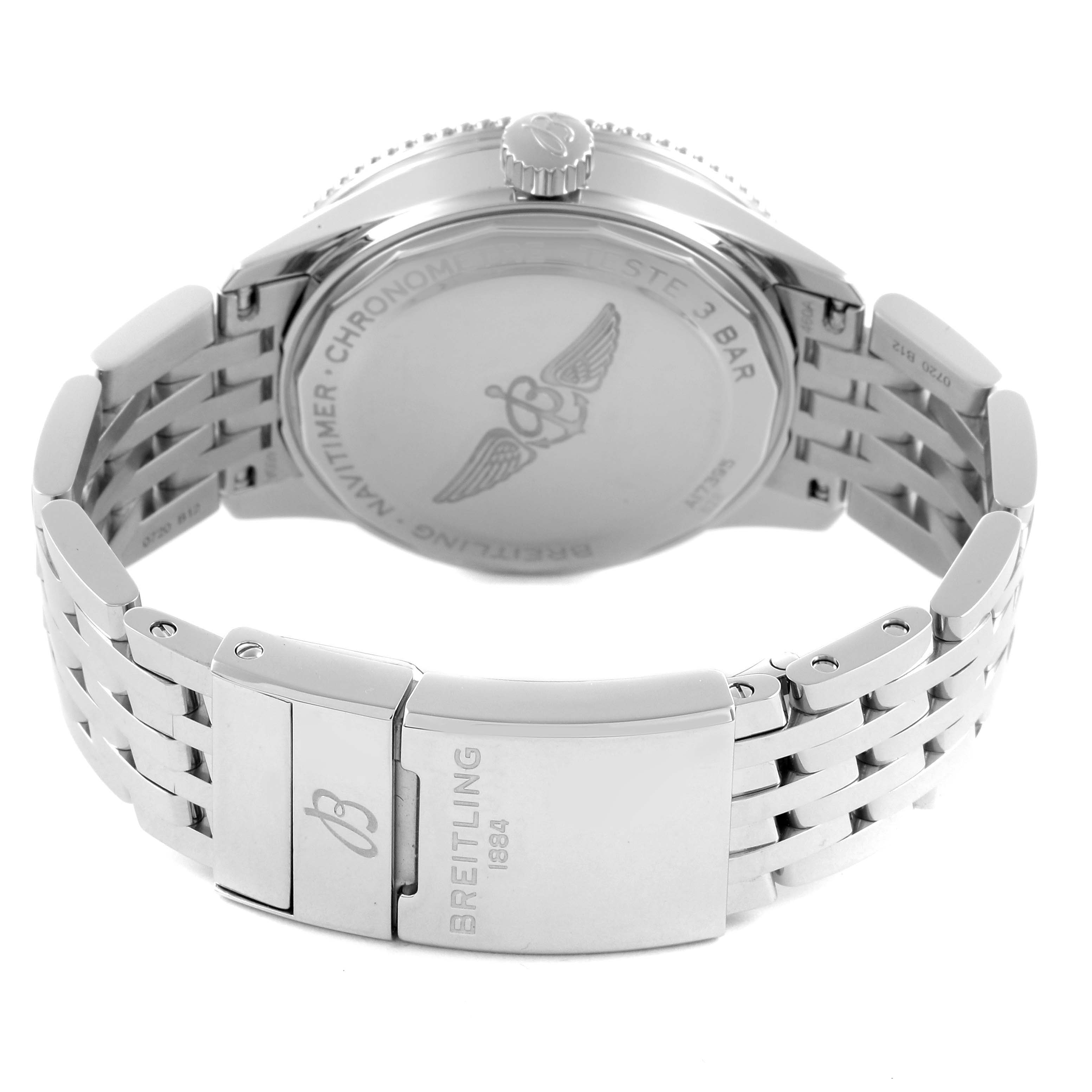 The image shows the Breitling Navitimer A17395 Men's Stainless Steel Blue Dial A17395 Men's Stainless Steel Blue Dial Automatic 35 A17395 from the back, displaying the case back and bracelet clasp.