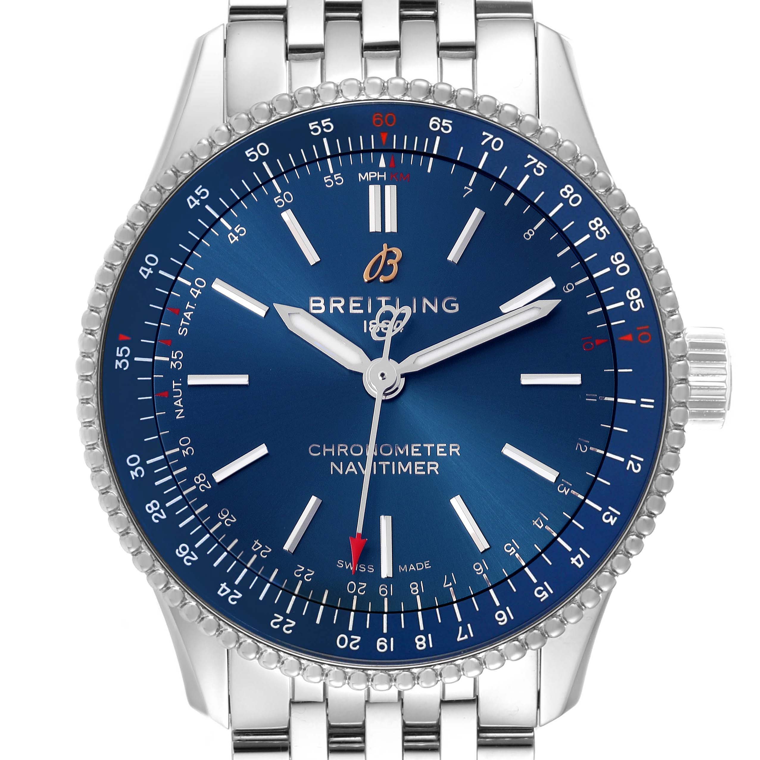 The Breitling Navitimer A17395 Men's Stainless Steel Blue Dial A17395 Men's Stainless Steel Blue Dial Automatic 35 Blue Dial Steel Ladies Watch A17395 is shown from the front, highlighting its dial and bezel.