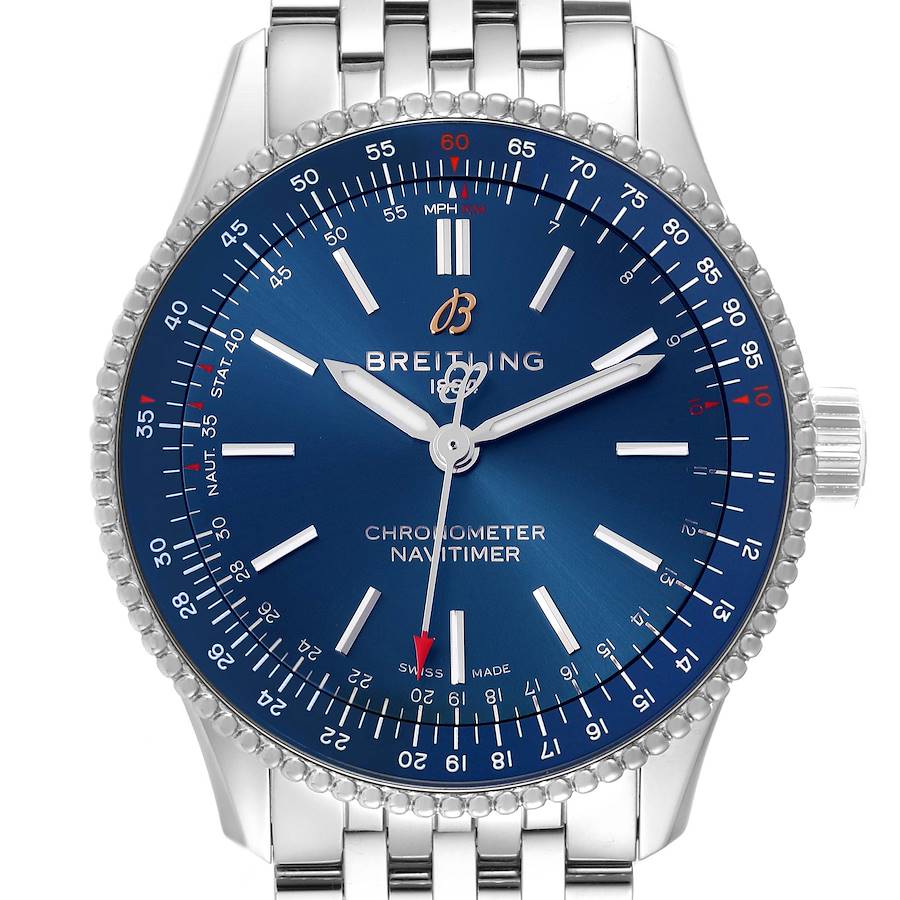 The Breitling Navitimer Automatic 35 Blue Dial Steel Ladies Watch A17395 is shown from the front, highlighting its dial and bezel.