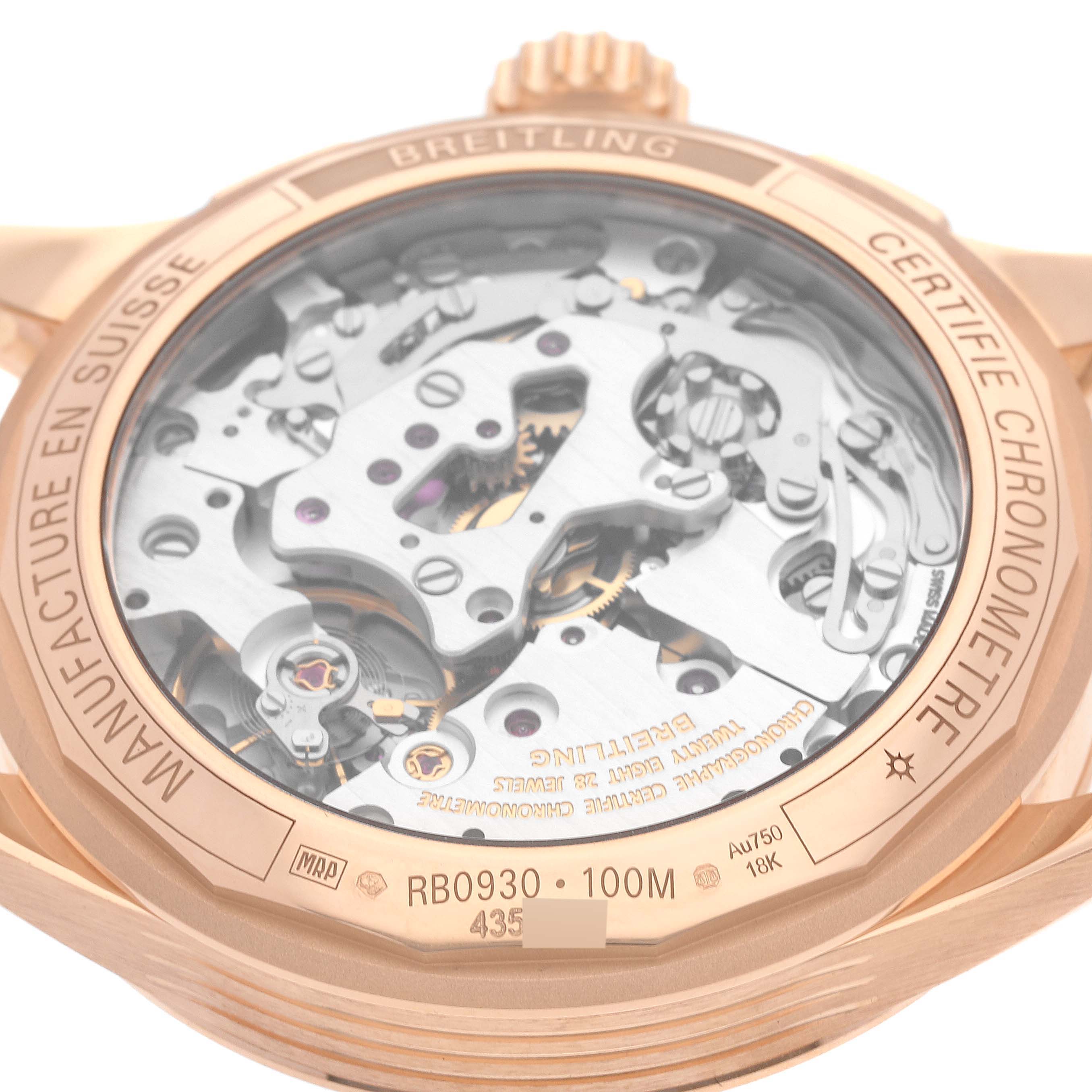This image shows the backside of the Breitling Premier RB0930 Men's Rose Gold Silver Dial RB0930 Men's Rose Gold Silver Dial model watch, revealing its intricate mechanical movement through a transparent case back.