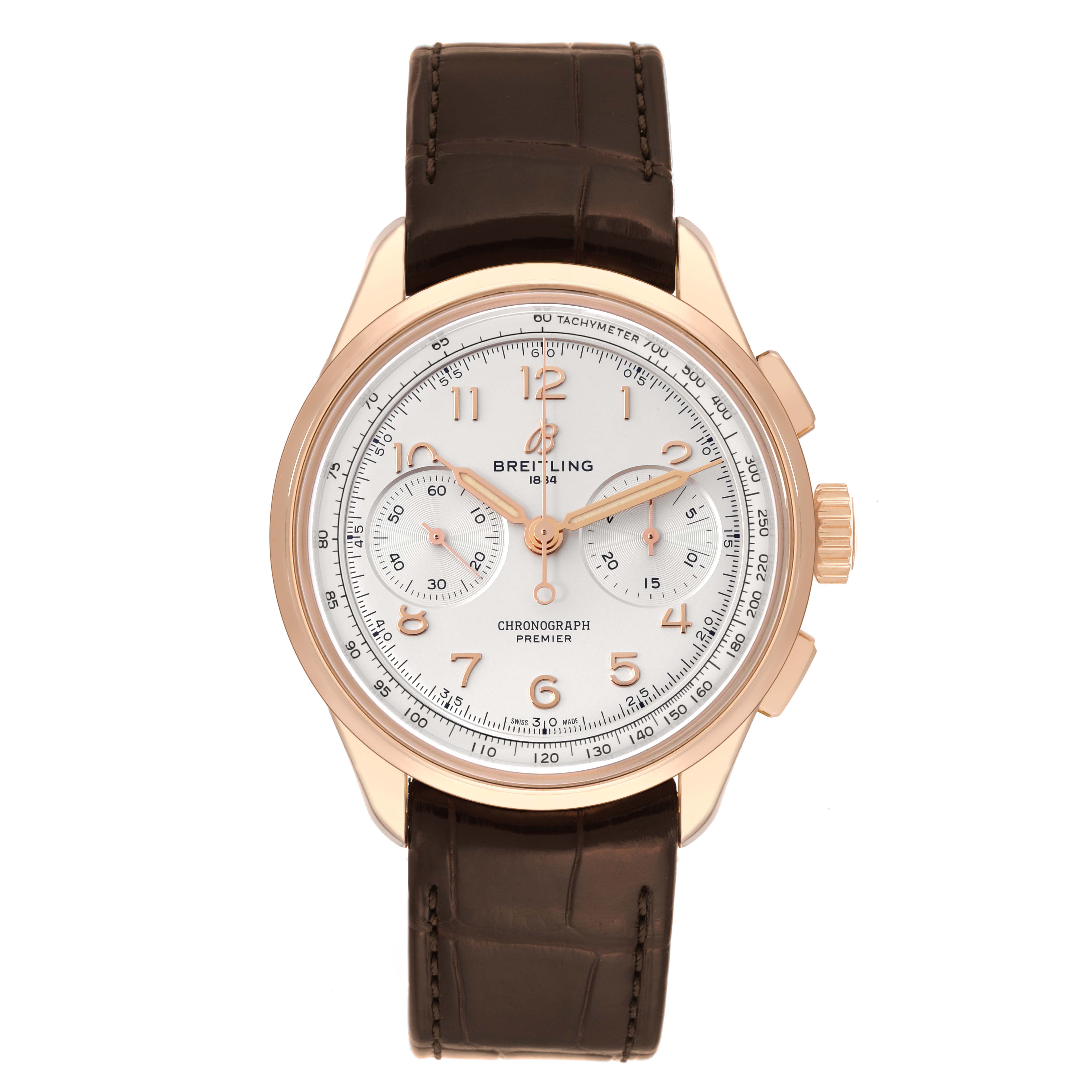 This image shows a frontal view of the Breitling Premier RB0930 Men's Rose Gold Silver Dial RB0930 Men's Rose Gold Silver Dial watch, highlighting its dial, chronograph sub-dials, and leather strap.
