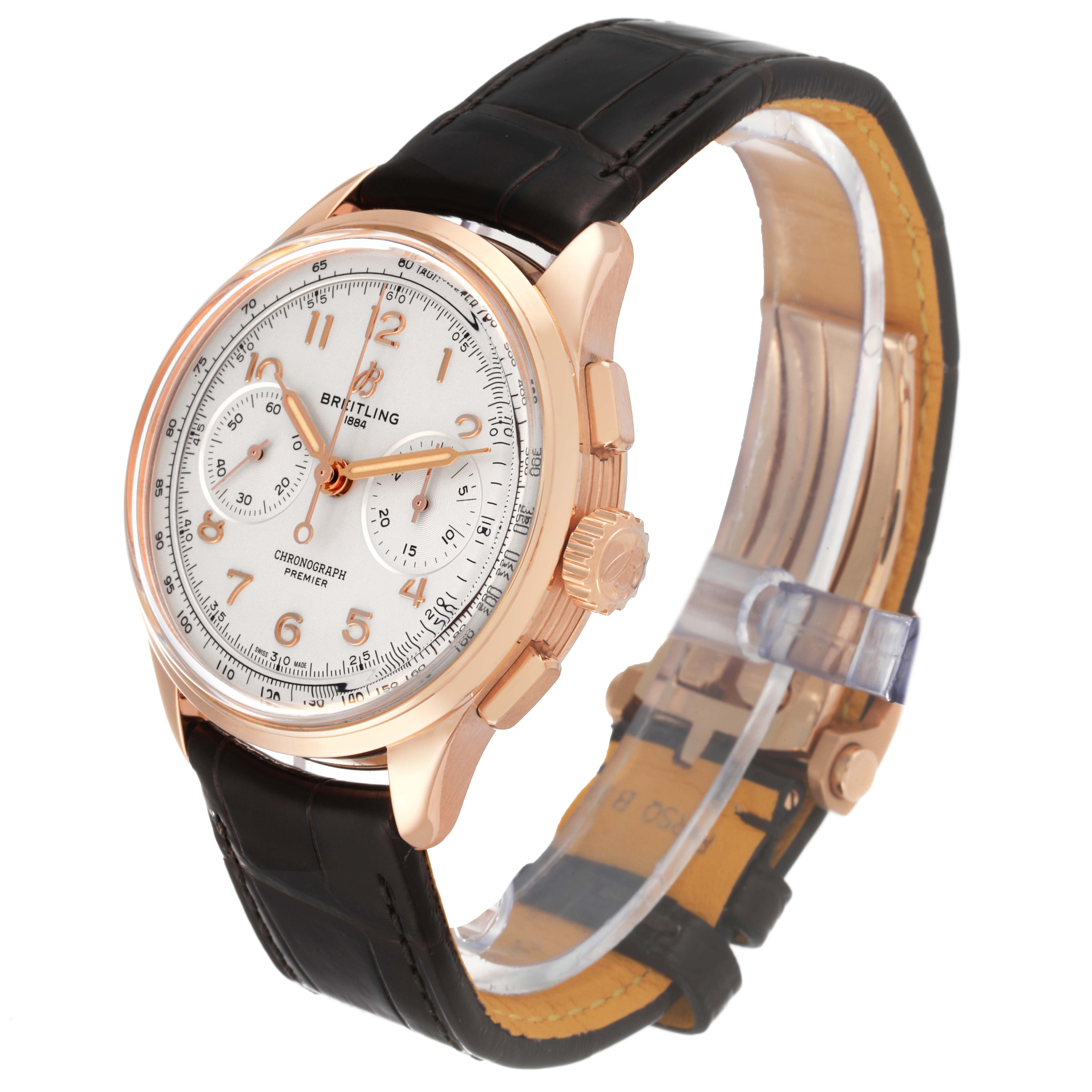 The image shows a side angle of a Breitling Premier RB0930 Men's Rose Gold Silver Dial RB0930 Men's Rose Gold Silver Dial model watch, highlighting its dial, crown, case, and leather strap.
