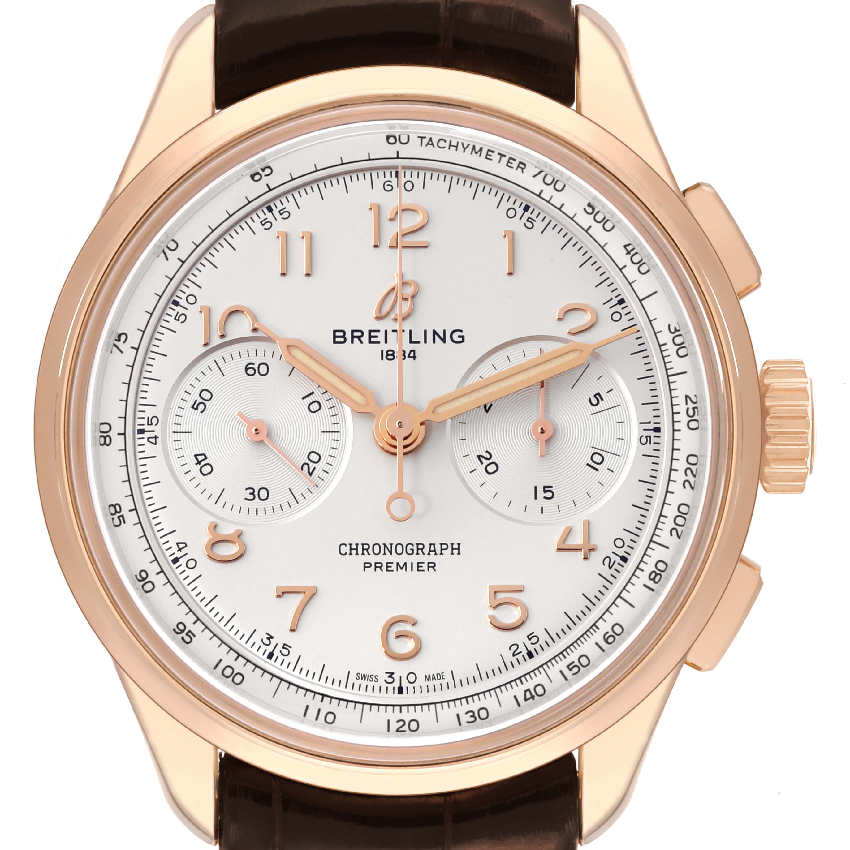 The image shows a front view of the Breitling Premier RB0930 Men's Rose Gold Silver Dial RB0930 Men's Rose Gold Silver Dial model watch, displaying the dial, sub-dials, hands, crown, and tachymeter.