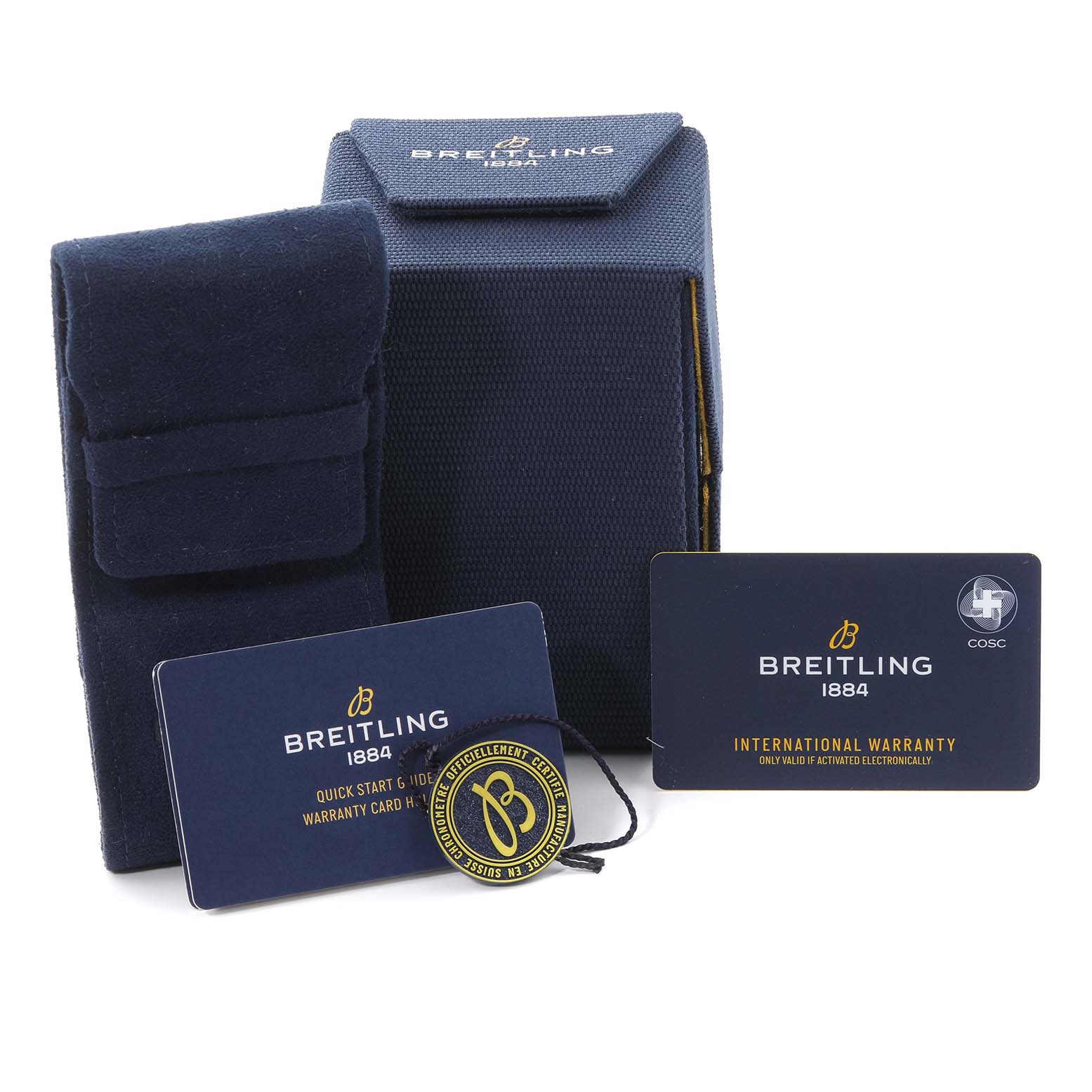 The image shows the packaging, warranty cards, and accessories for the Breitling Premier RB0930 Men's Rose Gold Silver Dial RB0930 Men's Rose Gold Silver Dial model.