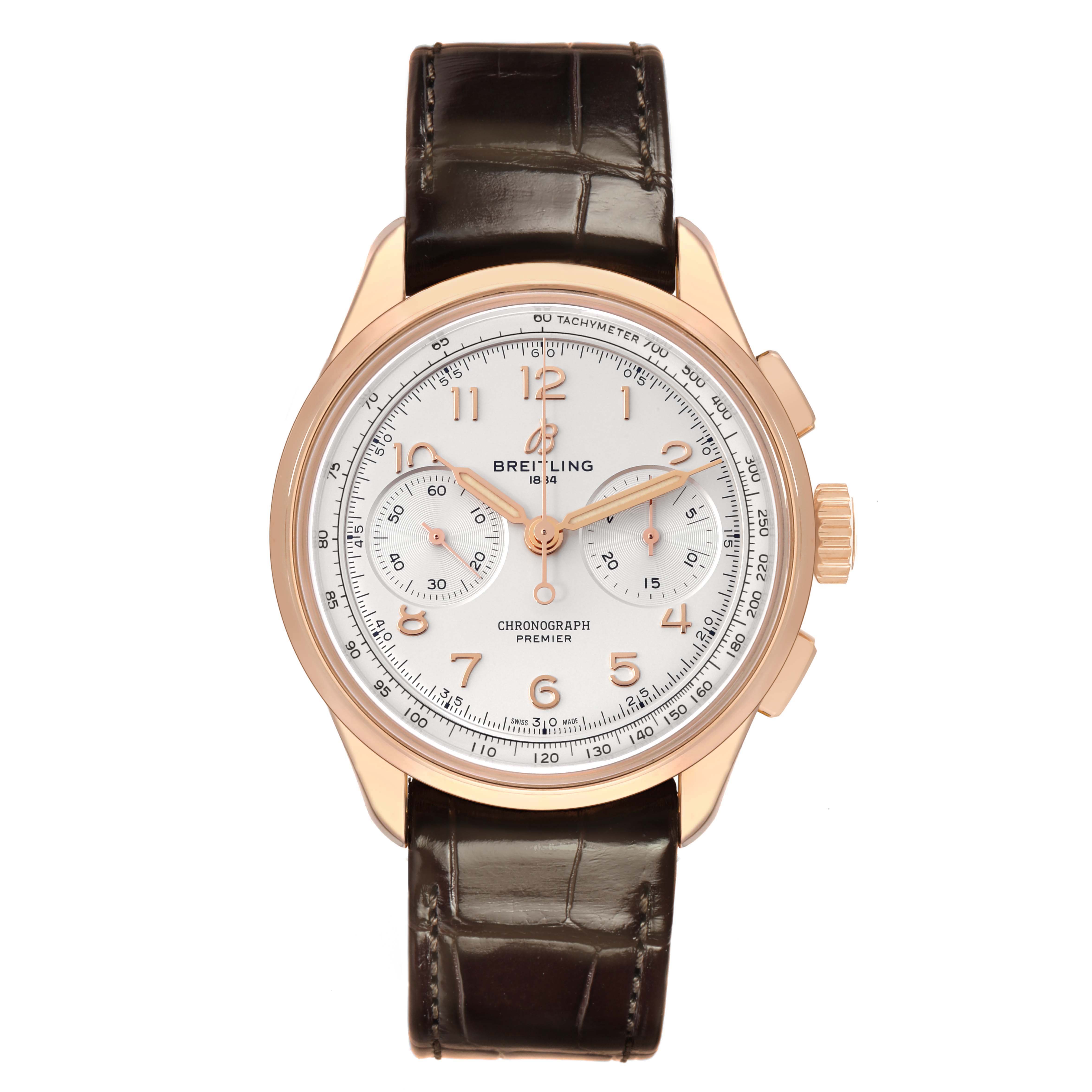 The Breitling Premier RB0930 Men's Rose Gold Silver Dial watch is shown from a front angle, displaying its dial, bezel, and leather strap.