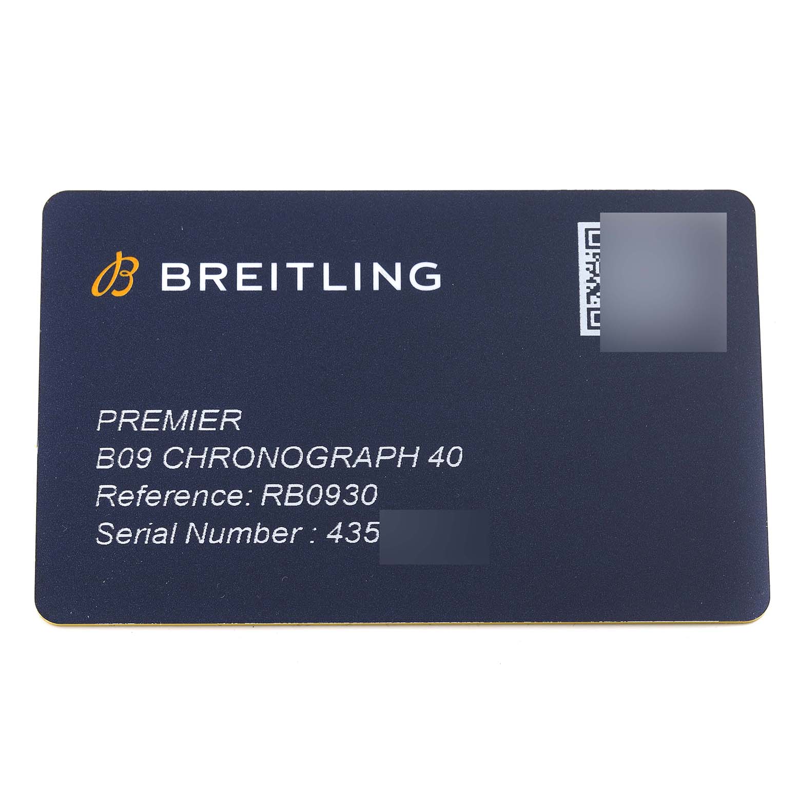 This image shows the warranty card for a Breitling Premier RB0930 Men's Rose Gold Silver Dial RB0930 Men's Rose Gold Silver Dial B09 Chronograph 40 model.