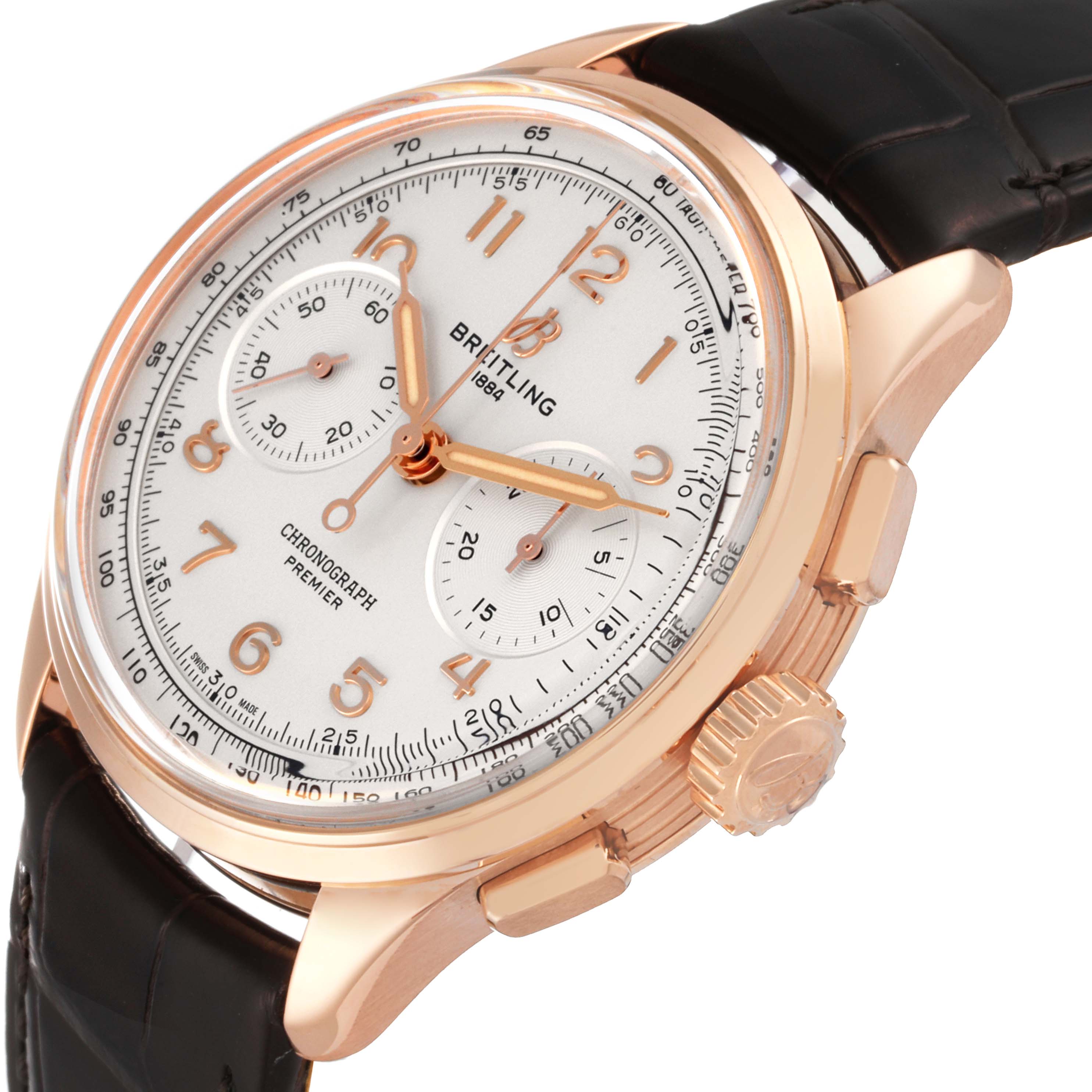 The Breitling Premier RB0930 Men's Rose Gold Silver Dial RB0930 Men's Rose Gold Silver Dial watch is shown at an angle displaying the face, crown, pushers, and part of the black leather strap.