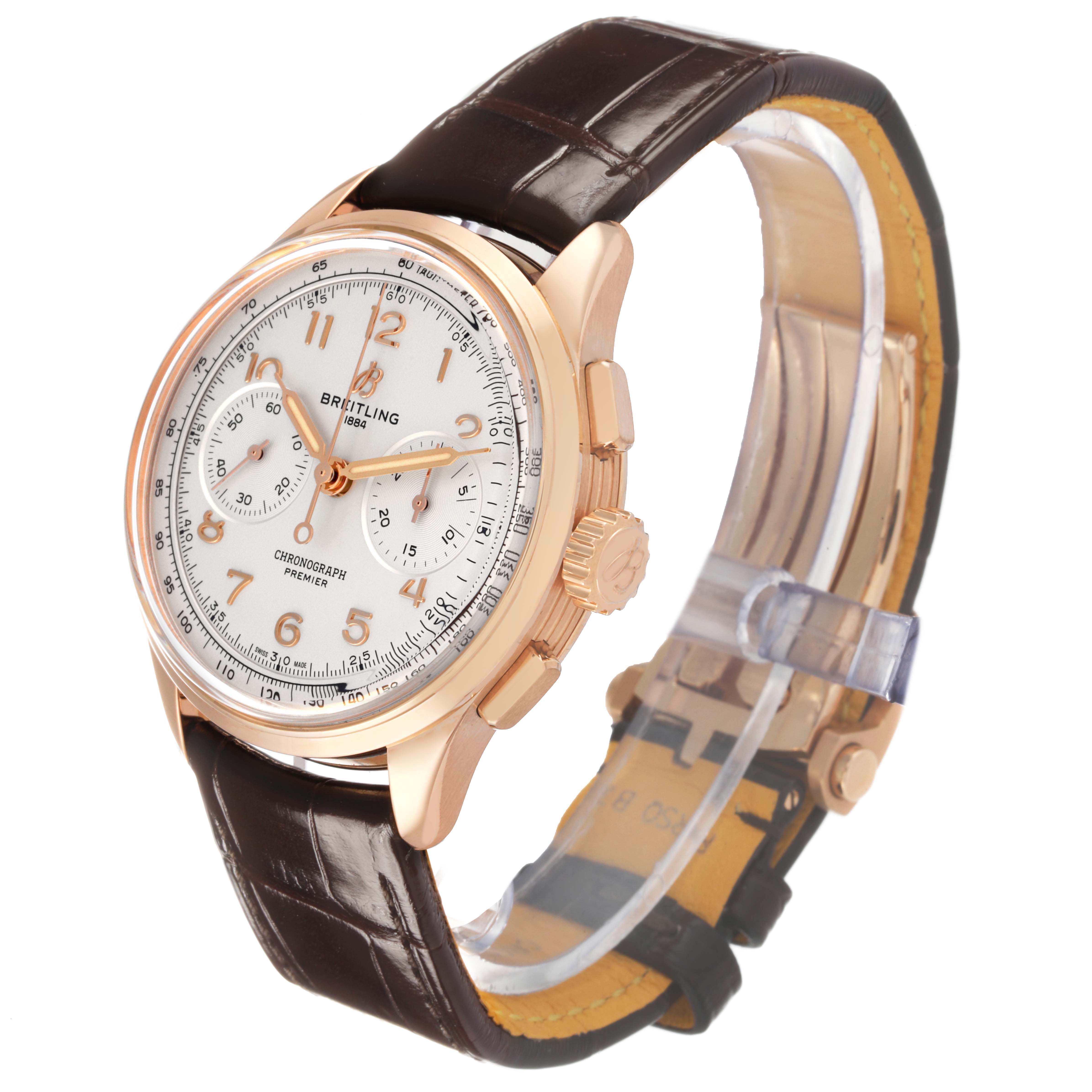 The Breitling Premier RB0930 Men's Rose Gold Silver Dial watch is shown at a slight angle, highlighting the dial, crown, and leather strap.