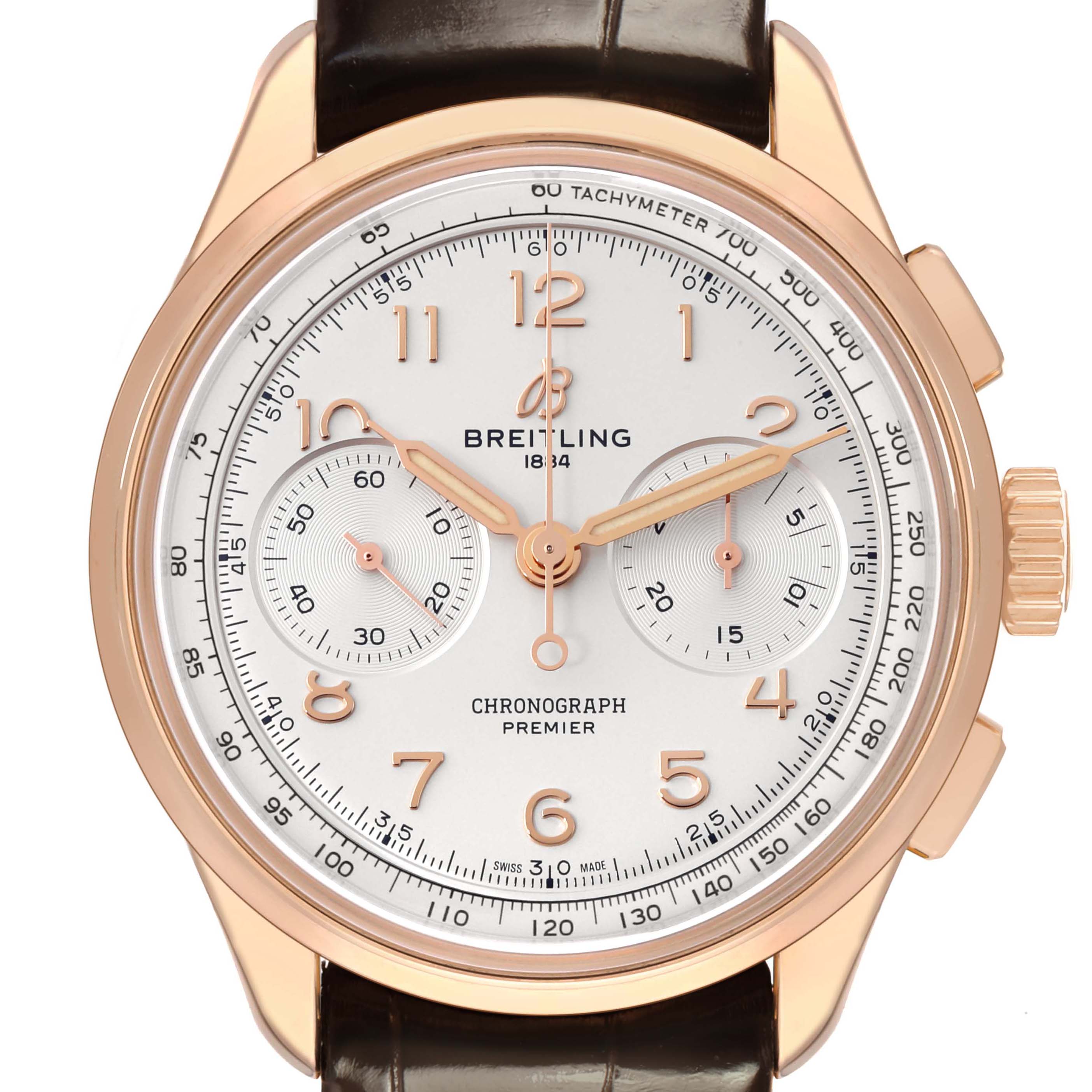 The Breitling Premier RB0930 Men's Rose Gold Silver Dial model watch is shown from the front, displaying the dial, tachymeter, subdials, and crown.