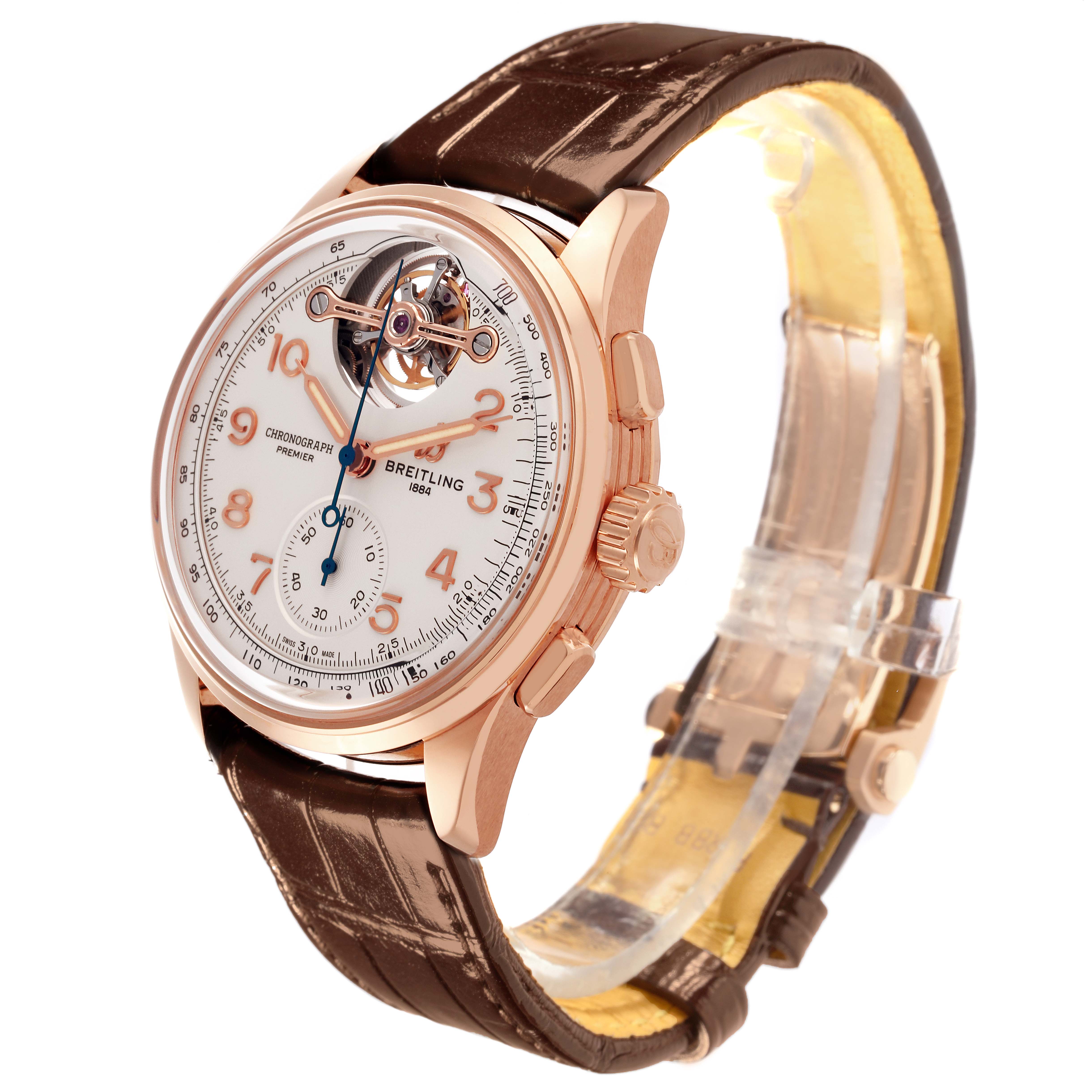 The Breitling Premier RB2120 Men's Rose Gold Silver Dial RB2120 Men's Rose Gold Silver Dial watch is shown at a side angle highlighting the dial, crown, and strap.