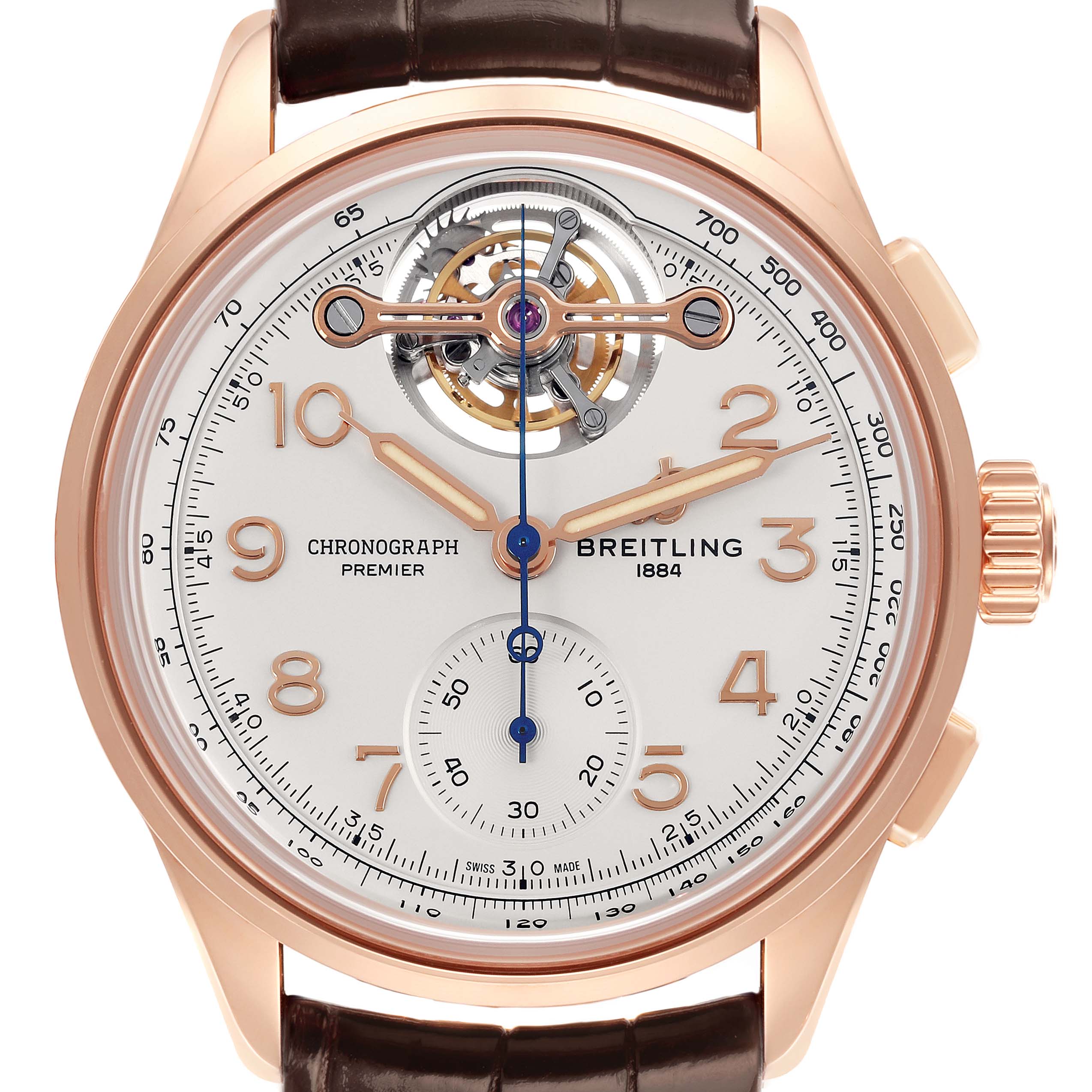 The Breitling Premier RB2120 Men's Rose Gold Silver Dial RB2120 Men's Rose Gold Silver Dial watch is shown from the front, displaying its dial, hands, numerals, and chronograph features.