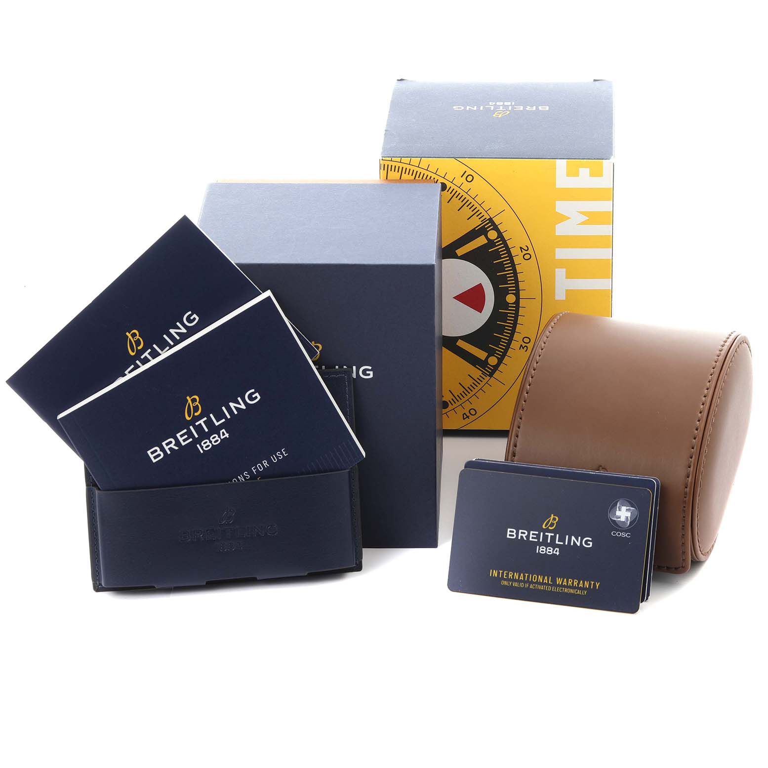 The image shows Breitling Premier RB2120 Men's Rose Gold Silver Dial RB2120 Men's Rose Gold Silver Dial watch accessories, including a box, pouches, warranty cards, and a leather case.
