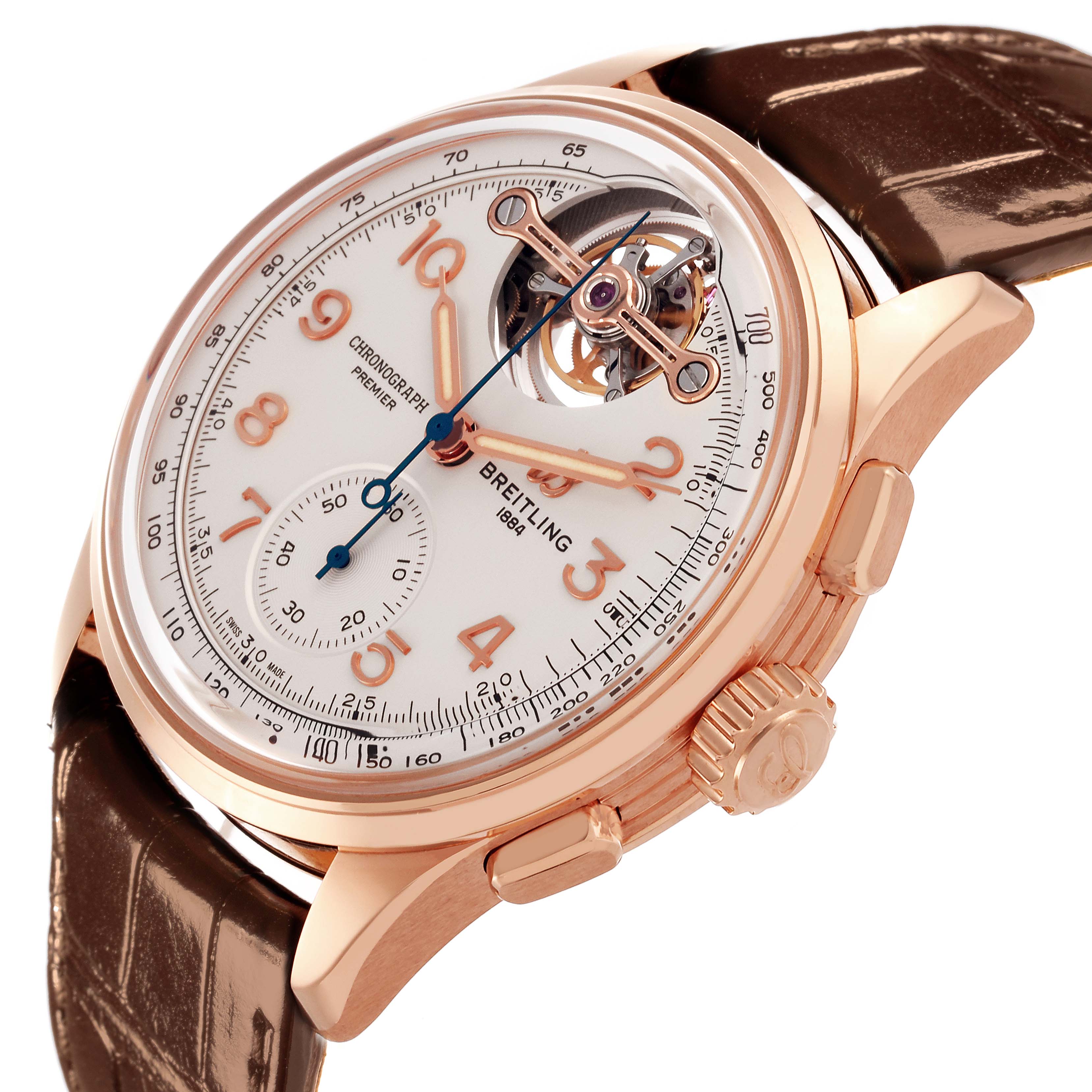 The Breitling Premier RB2120 Men's Rose Gold Silver Dial RB2120 Men's Rose Gold Silver Dial watch is shown at an angle displaying the face, crown, and part of the strap.