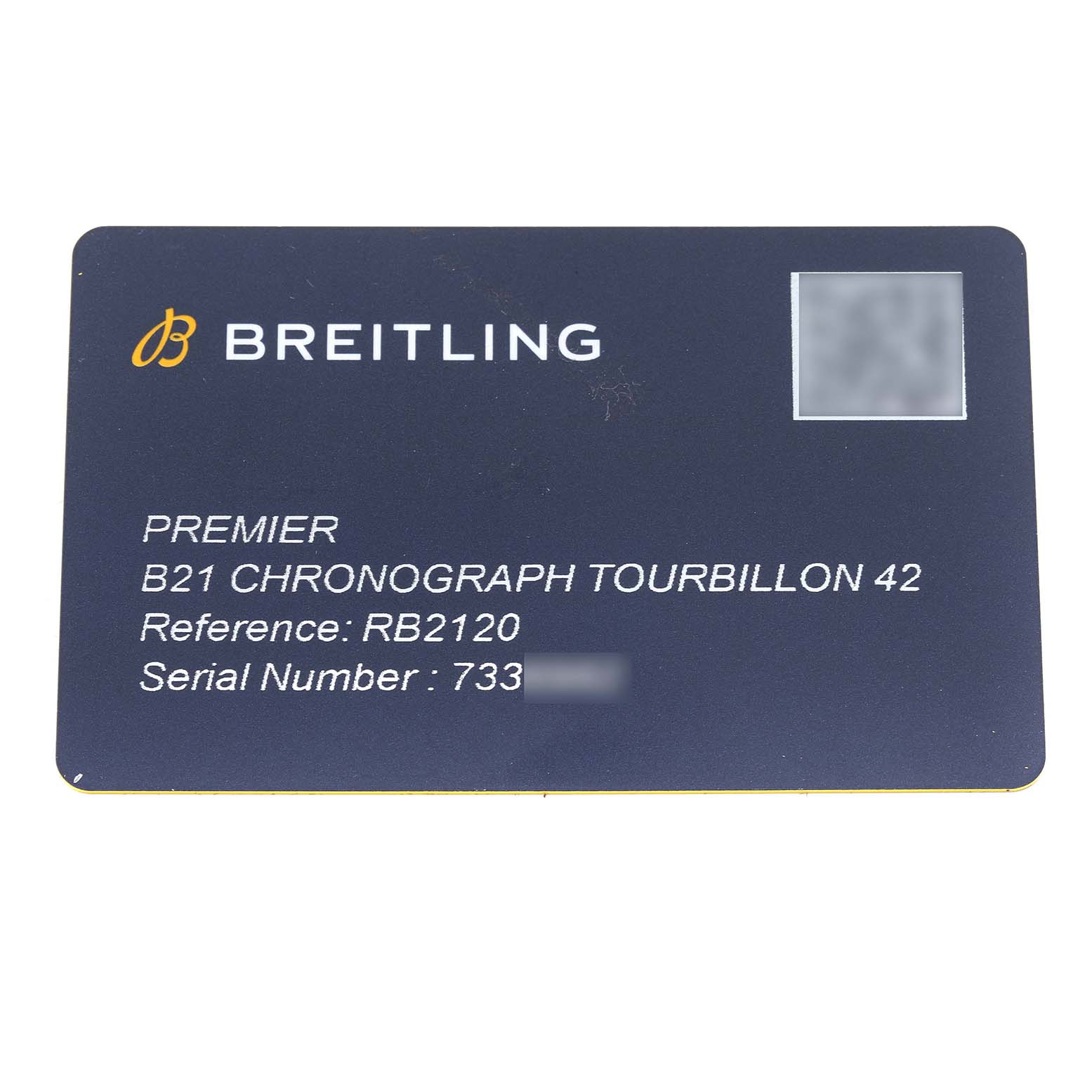 The image shows a Breitling Premier RB2120 Men's Rose Gold Silver Dial RB2120 Men's Rose Gold Silver Dial B21 Chronograph Tourbillon 42 reference card from a top-down angle.