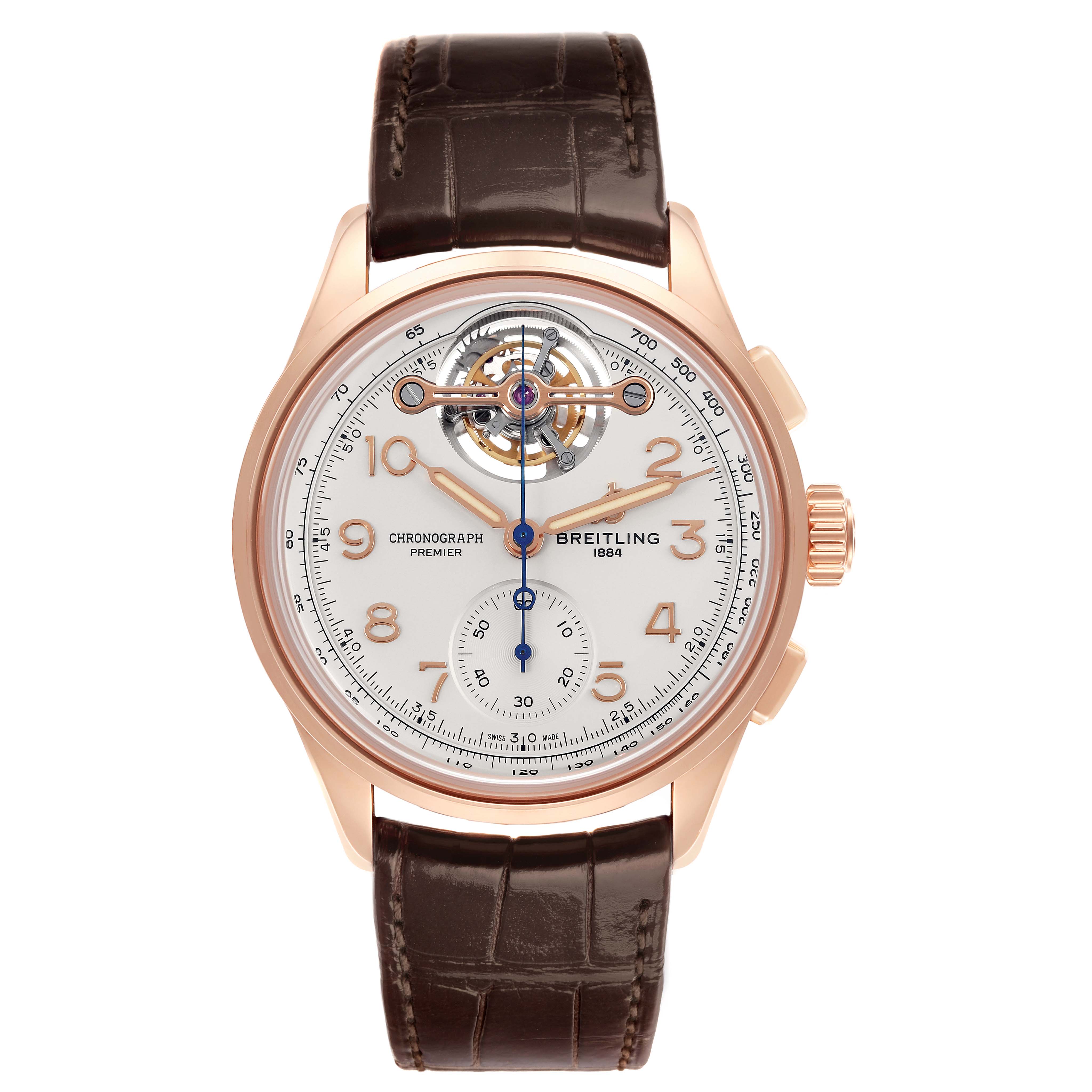 The image shows a frontal view of the Breitling Premier RB2120 Men's Rose Gold Silver Dial RB2120 Men's Rose Gold Silver Dial watch, highlighting its face, dial, and leather strap.