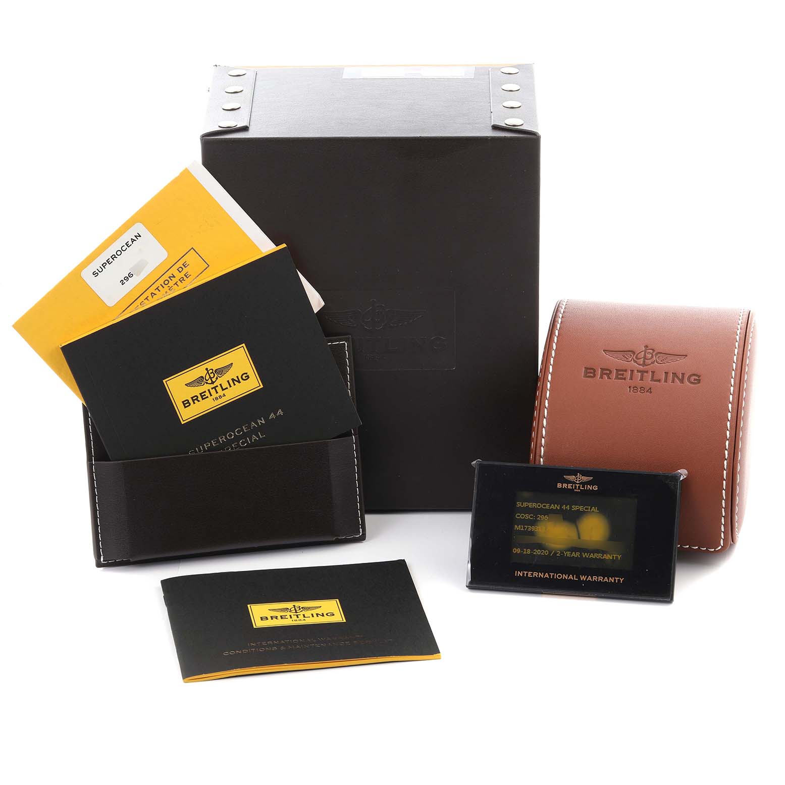 The image shows the Breitling Superocean M17393 Men's Stainless Steel Black Dial M17393 Men's Stainless Steel Black Dial watch packaging, including a box, case, manuals, and warranty card from a front angle.