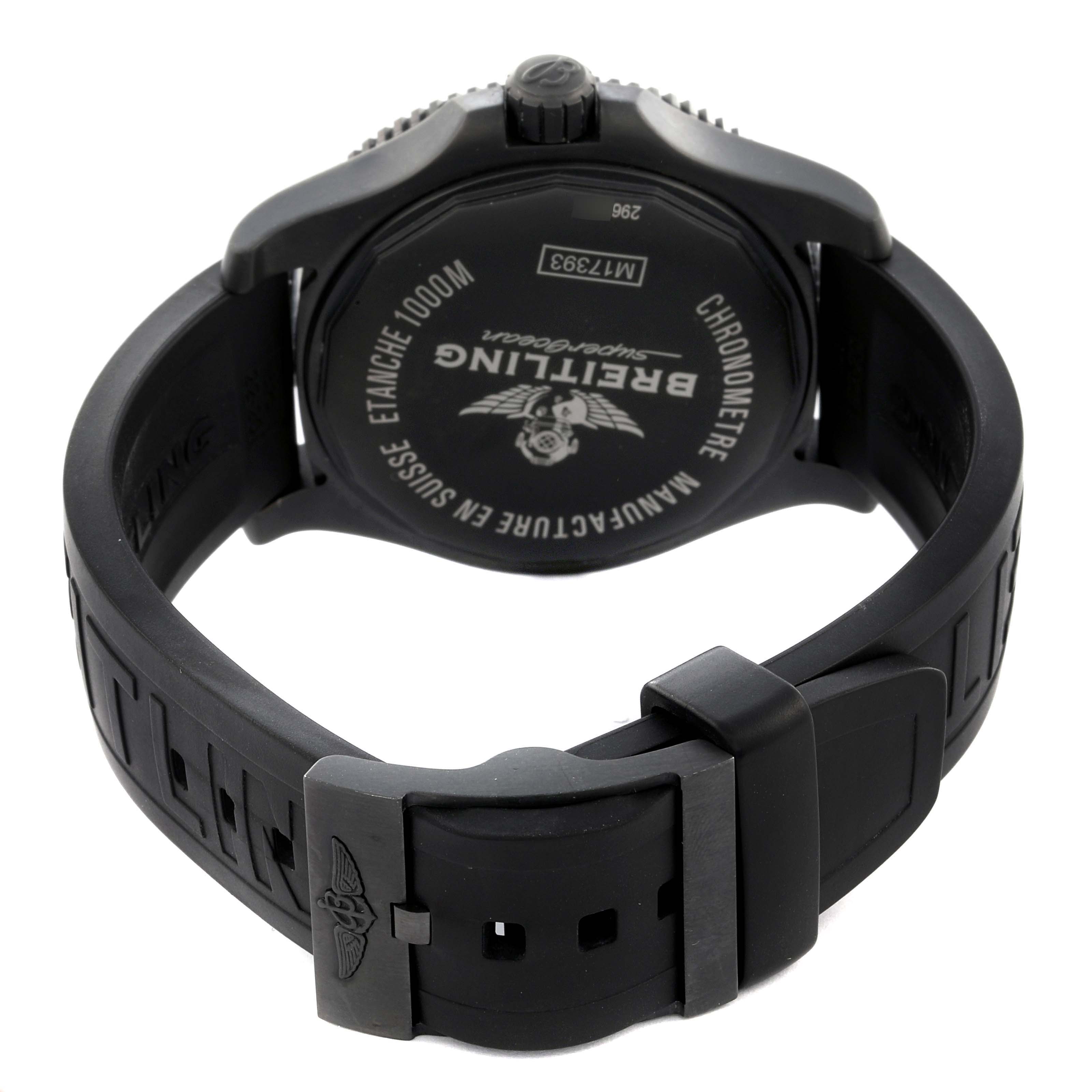 The image shows the back and strap of the Breitling Superocean M17393 Men's Stainless Steel Black Dial M17393 Men's Stainless Steel Black Dial watch from a rear angle.