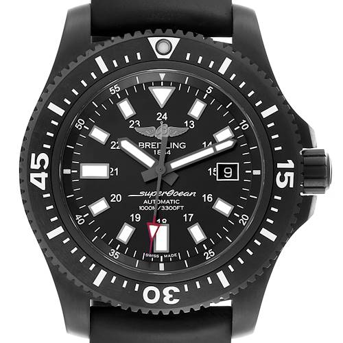 The Breitling Superocean watch is shown from the front, highlighting the bezel, dial, hands, and crown.