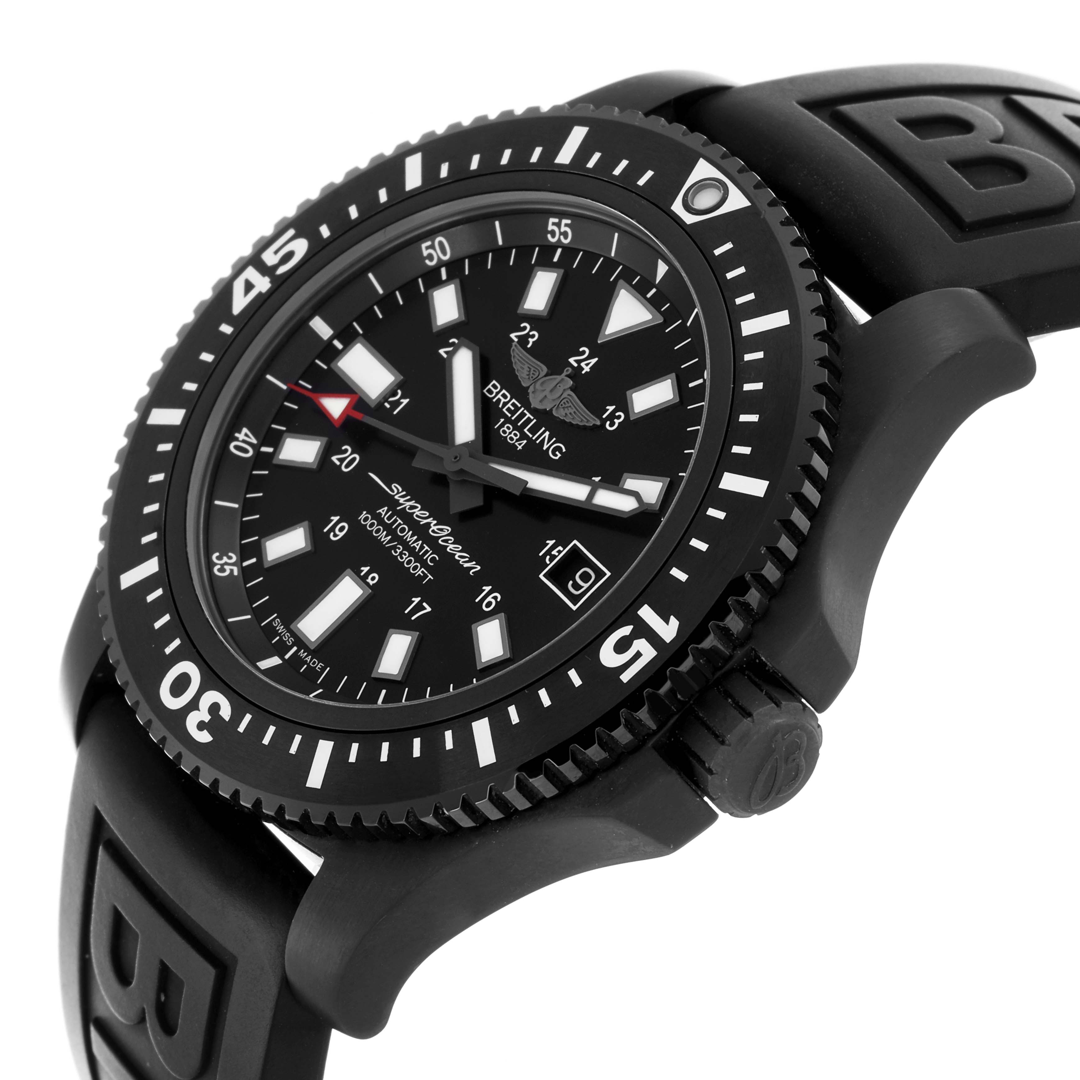 The Breitling Superocean M17393 Men's Stainless Steel Black Dial M17393 Men's Stainless Steel Black Dial watch is shown from an angled side view, highlighting the dial, bezel, and rubber strap.