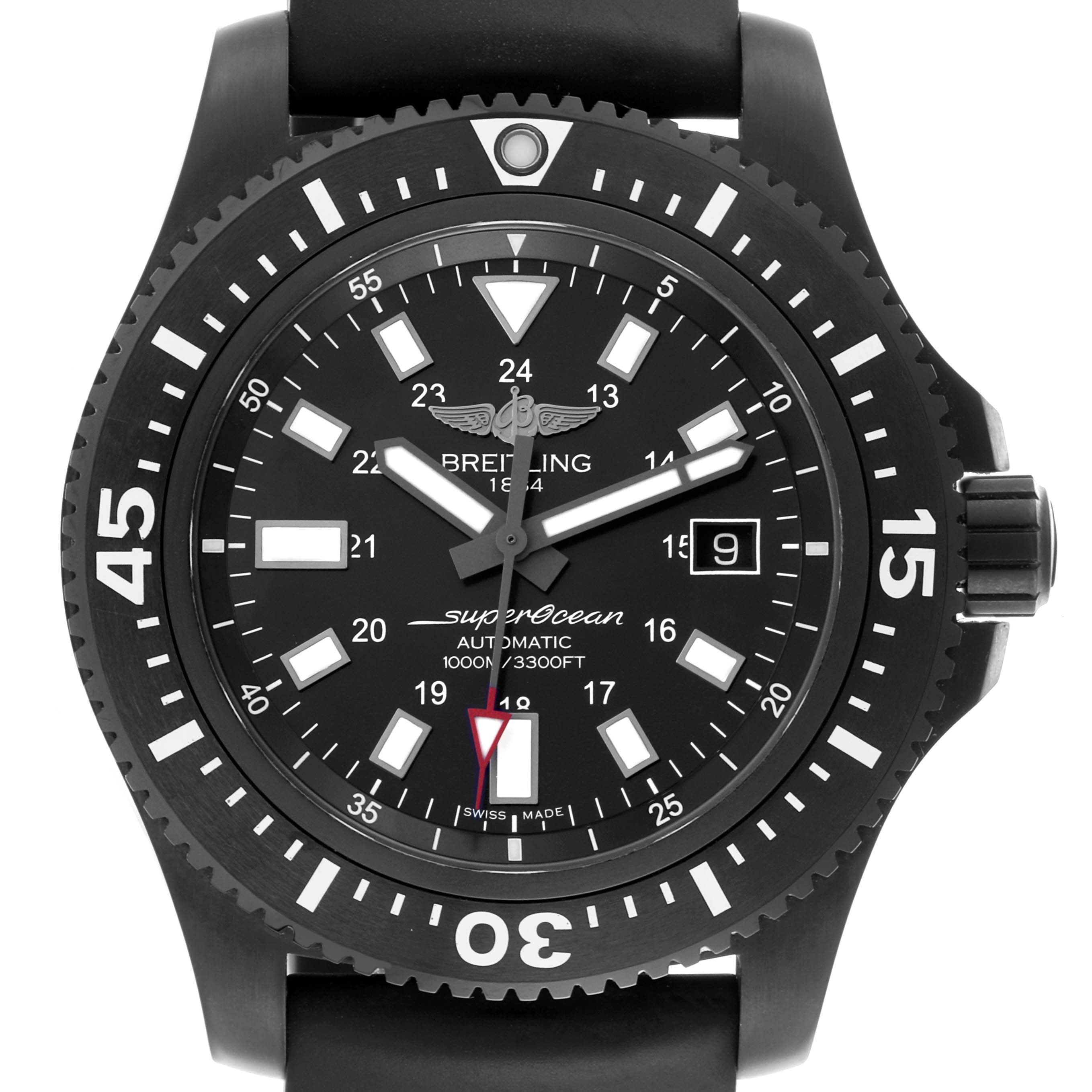 The Breitling Superocean M17393 Men's Stainless Steel Black Dial M17393 Men's Stainless Steel Black Dial watch is shown from a front angle, highlighting the face, bezel, and crown.