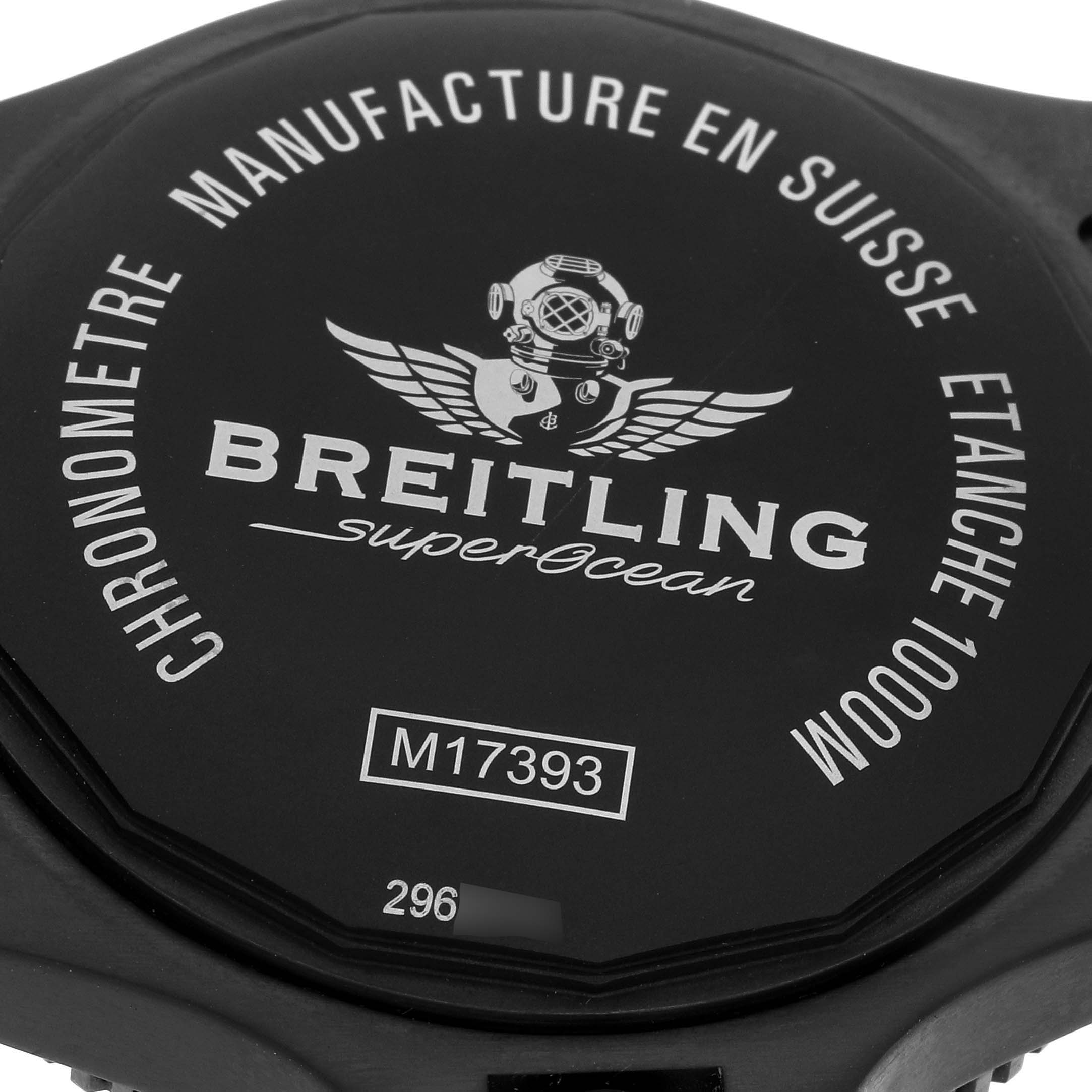The image shows the back case of a Breitling Superocean M17393 Men's Stainless Steel Black Dial M17393 Men's Stainless Steel Black Dial watch, featuring branding and model details.