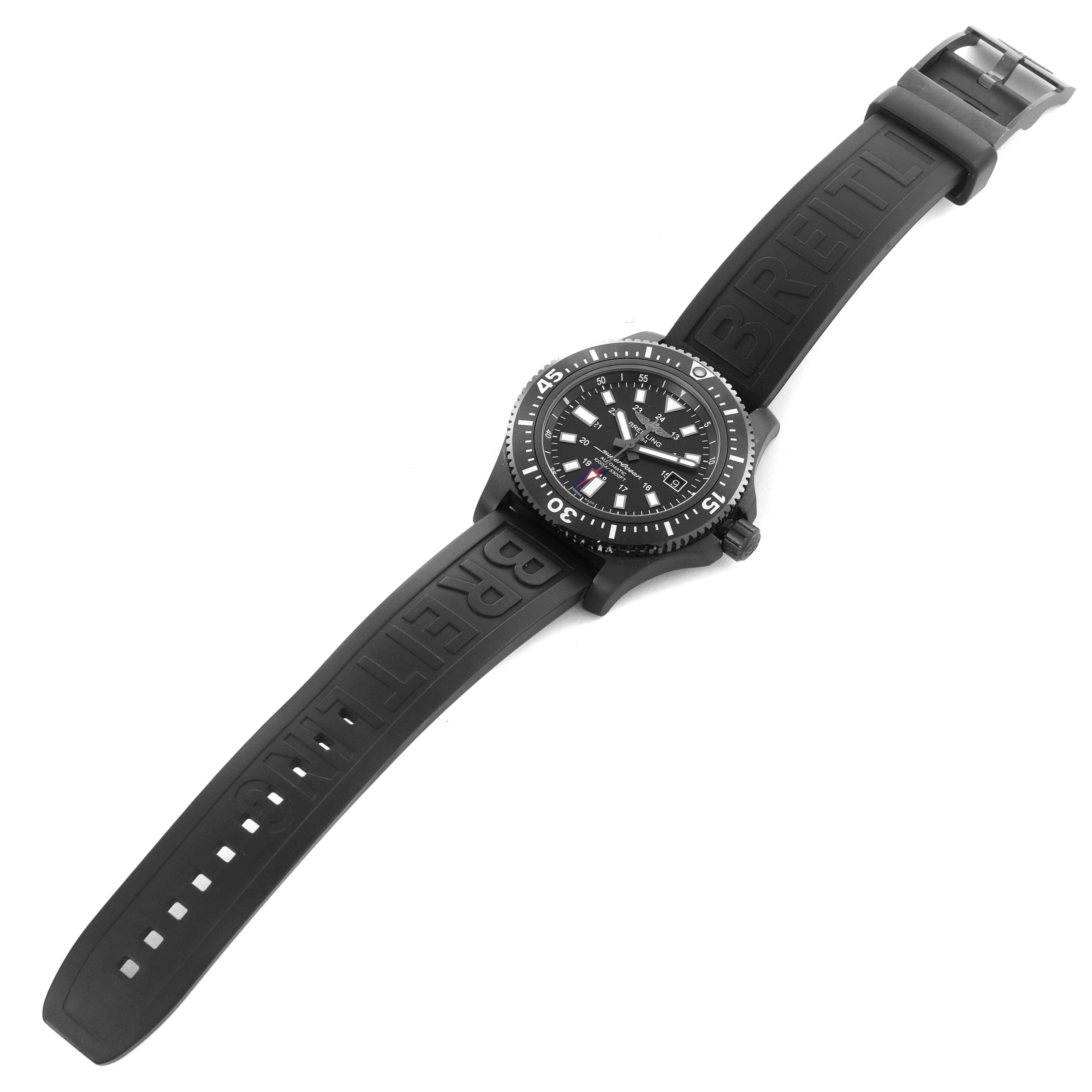 The Breitling Superocean M17393 Men's Stainless Steel Black Dial M17393 Men's Stainless Steel Black Dial watch is shown from a slightly angled view, displaying the face and black rubber strap.