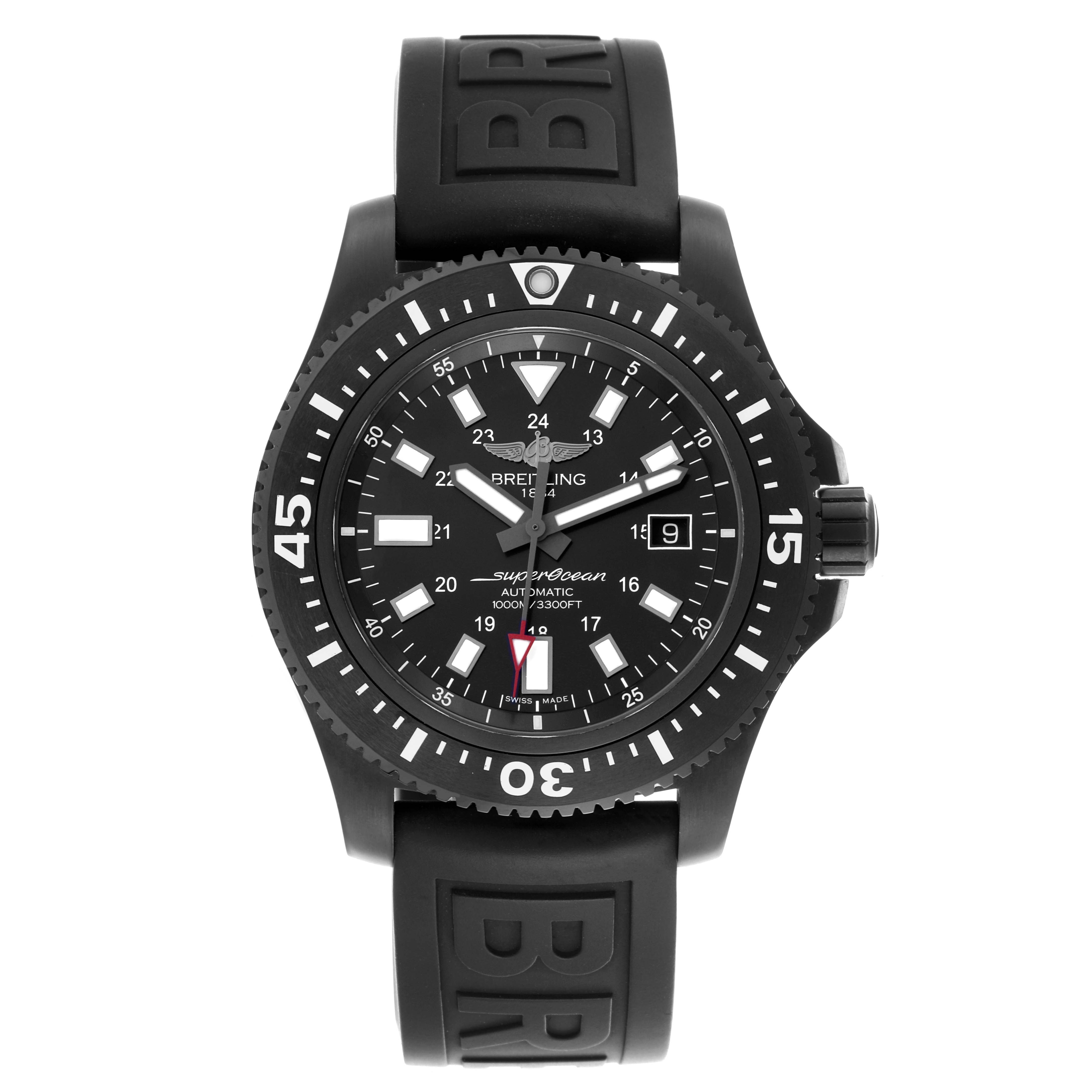 The Breitling Superocean M17393 Men's Stainless Steel Black Dial M17393 Men's Stainless Steel Black Dial watch is shown from the front, displaying the dial, bezel, and rubber strap with prominent branding.