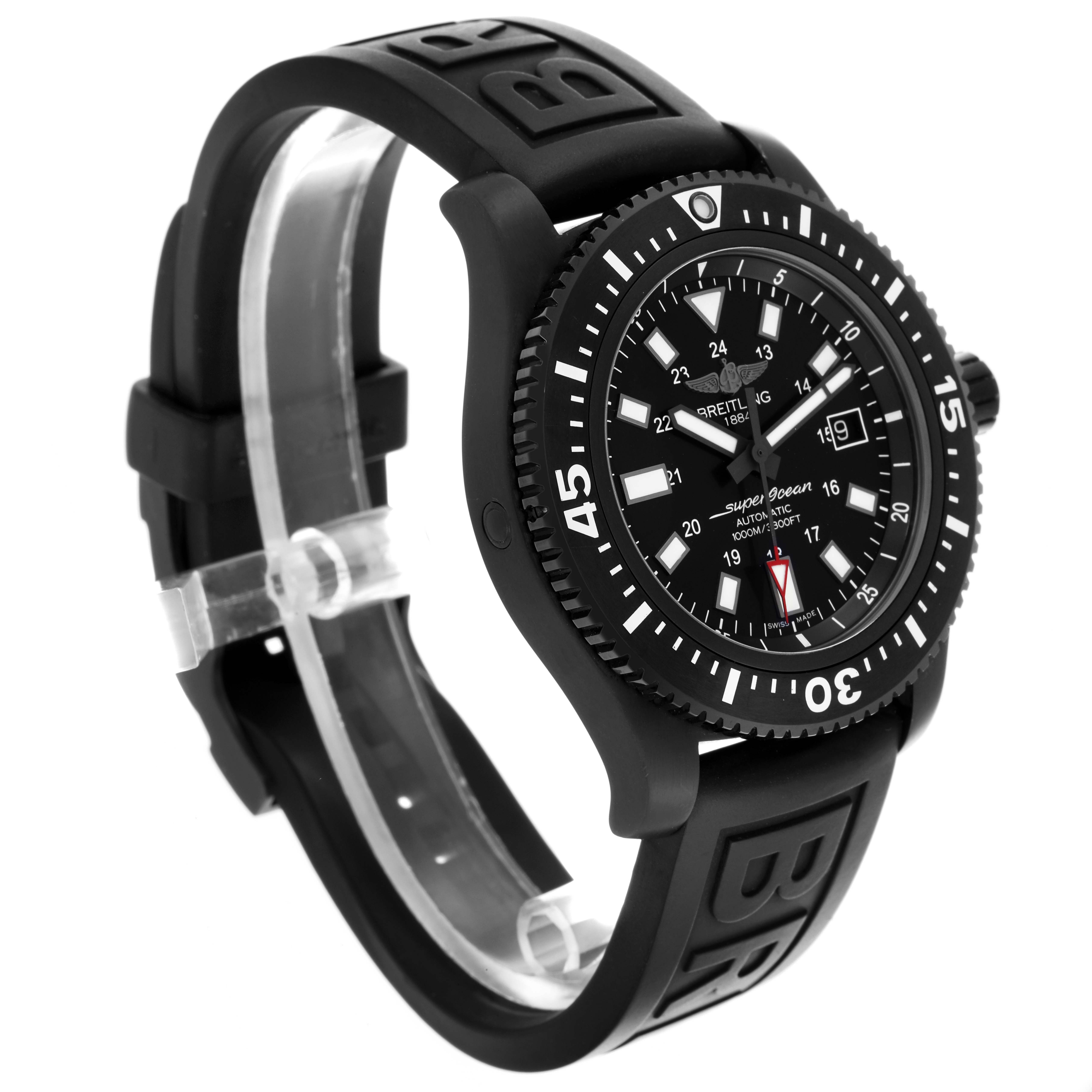 The Breitling Superocean M17393 Men's Stainless Steel Black Dial M17393 Men's Stainless Steel Black Dial watch is shown at an angle highlighting the strap, bezel, and face with visible detailing.